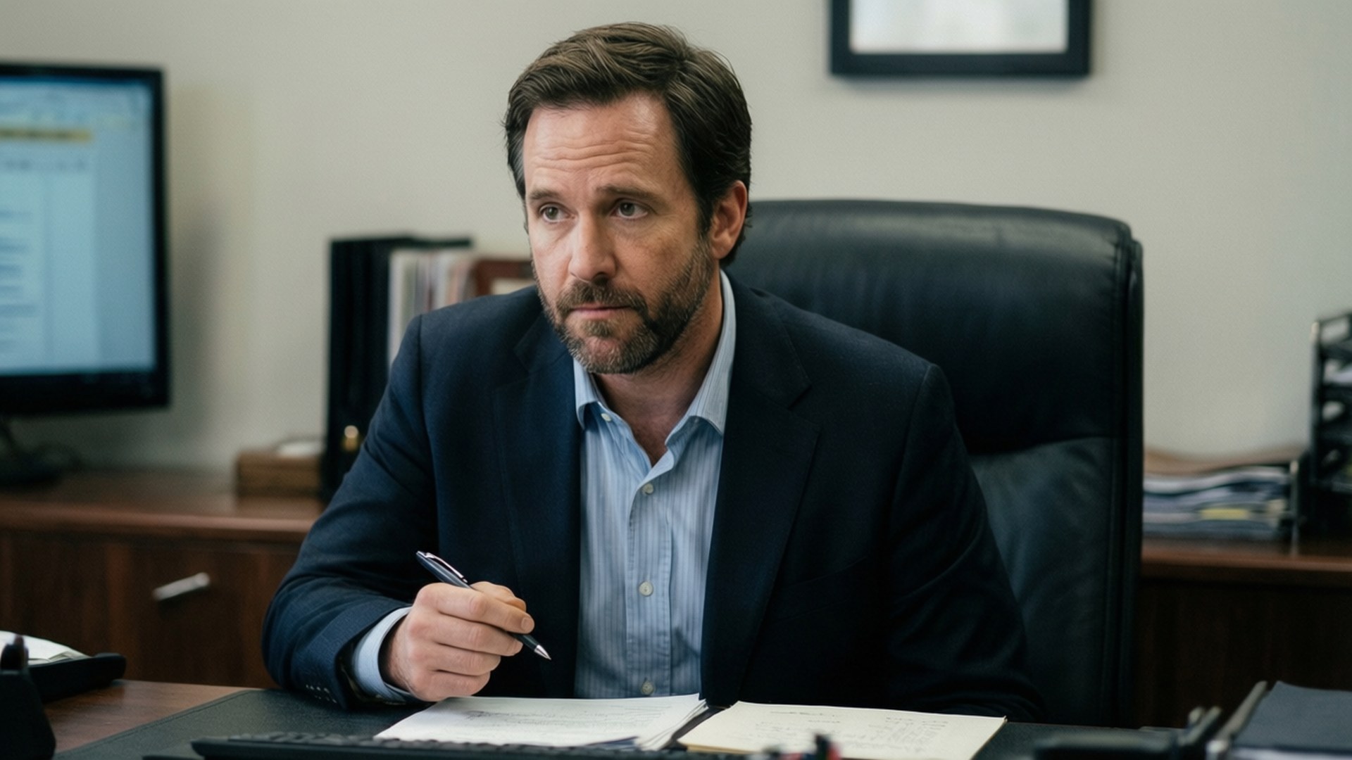 Office Aaron 壁紙 — 一個留鬍鬚的男人坐在辦公室的辦公桌前，拿著筆放在文件上，看起來若有所思。
