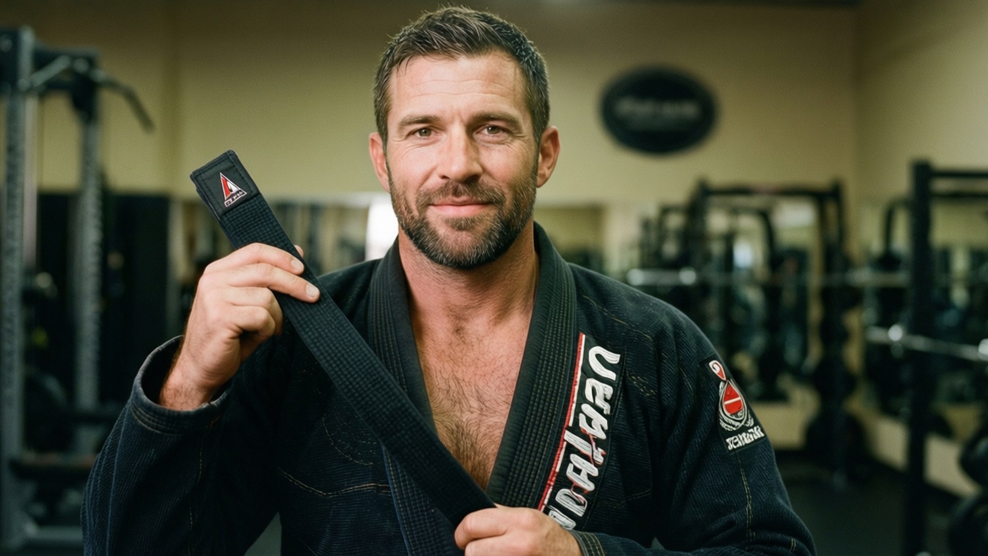 Proud Black Belt Moment 壁紙 — 一位留鬍鬚的男子身穿黑色巴西柔術道服，在健身房裡自信地微笑並舉起他的腰帶。