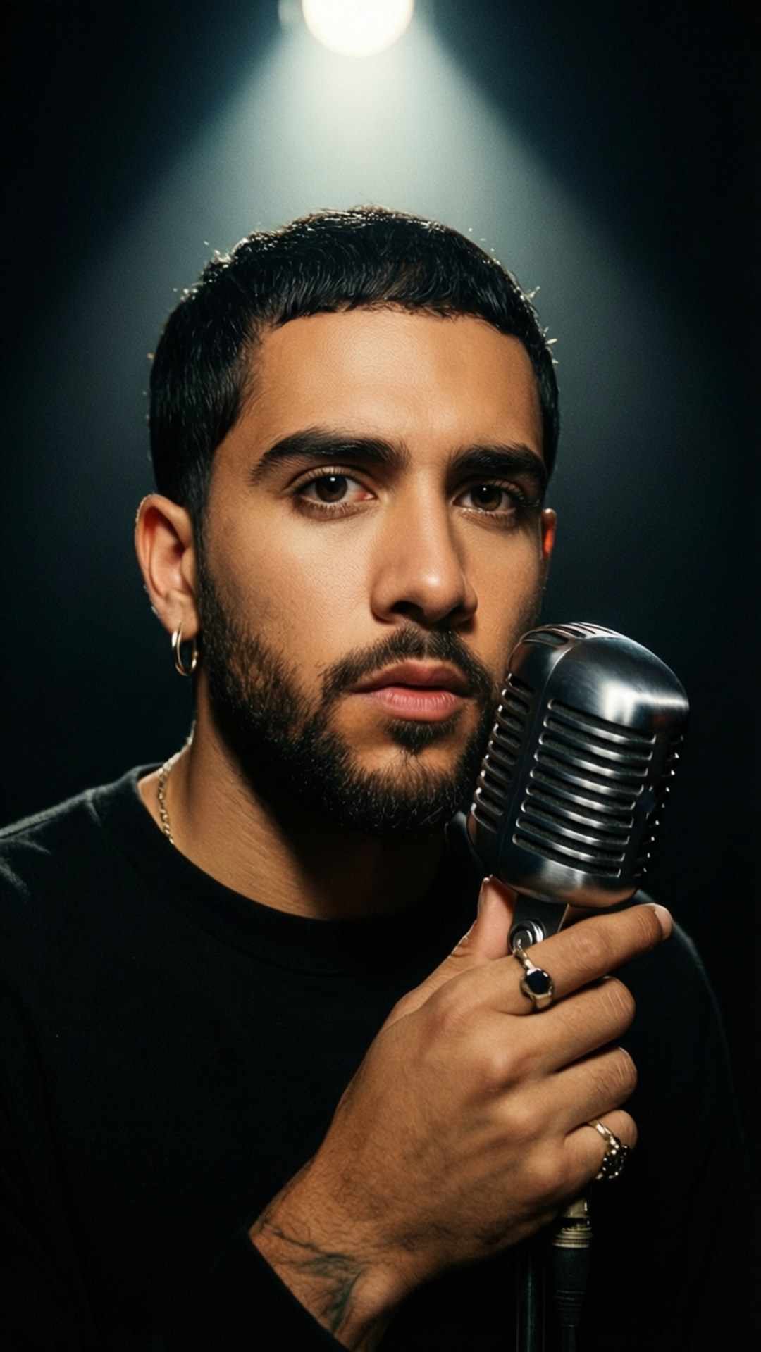 Vintage Microphone Spotlight 壁紙 — 一個留鬍子、戴耳環的男人在黑暗背景的聚光燈下拿著一個復古麥克風。
