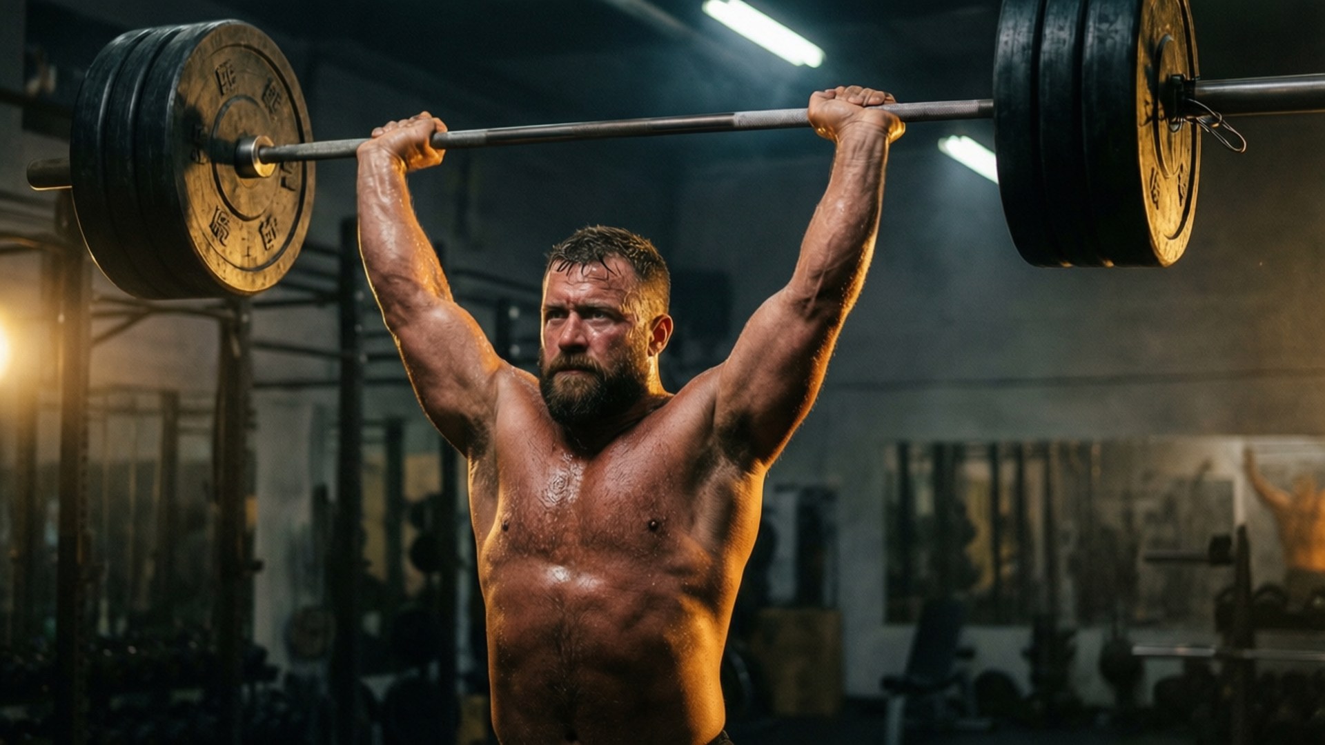 Weightlifter 桌布 壁紙 — 一個留鬍子的肌肉男在燈光昏暗的健身房中，以戲劇性的燈光將沉重的槓鈴舉過頭頂。