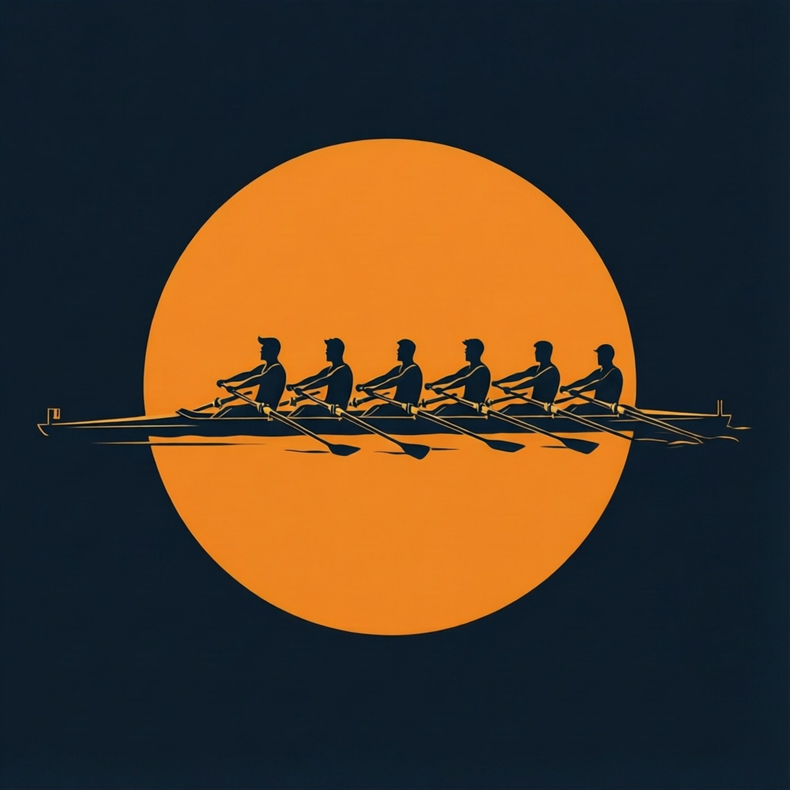 Minimalist Sun Rower 壁紙 — 六名划艇手的剪影在深藍色天空背景下，滑過一個巨大的橙色太陽。
