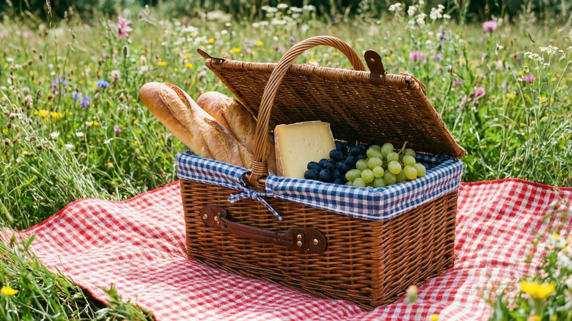 Summer Picnic Setup 壁紙 — 一個裝滿麵包、起司和葡萄的柳條野餐籃放在紅色格子毯上，位於陽光明媚的野花草甸中。