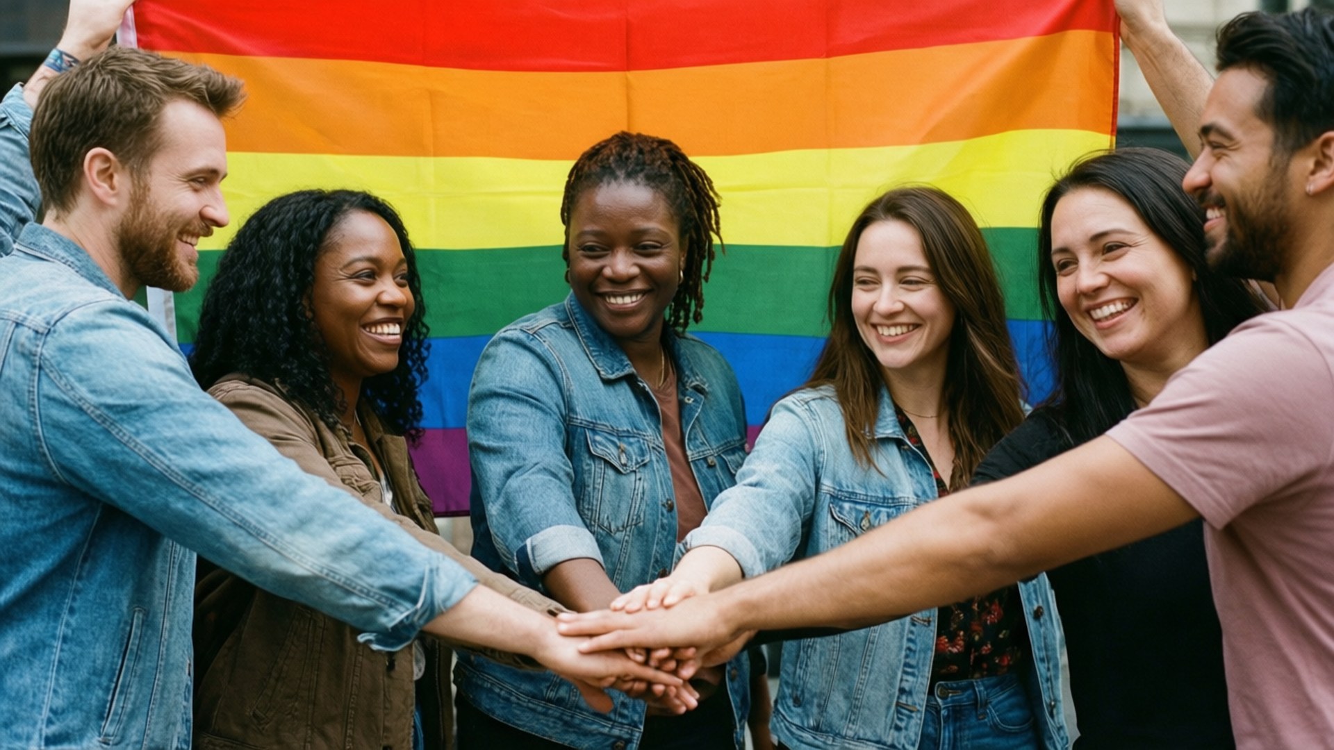 Unity Under Pride Flag 壁紙 — 六位不同背景的人微笑著手牽手圍成一個圈，在鮮豔的彩虹旗下方。