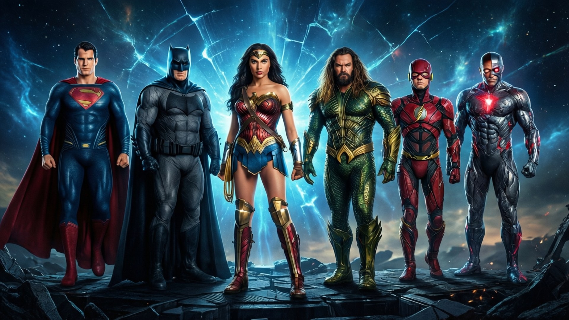 DC Extended Universe 桌布 壁紙 — 六位超級英雄在充滿能量裂縫的宇宙風暴天空下，英勇地站在破碎的平台上。