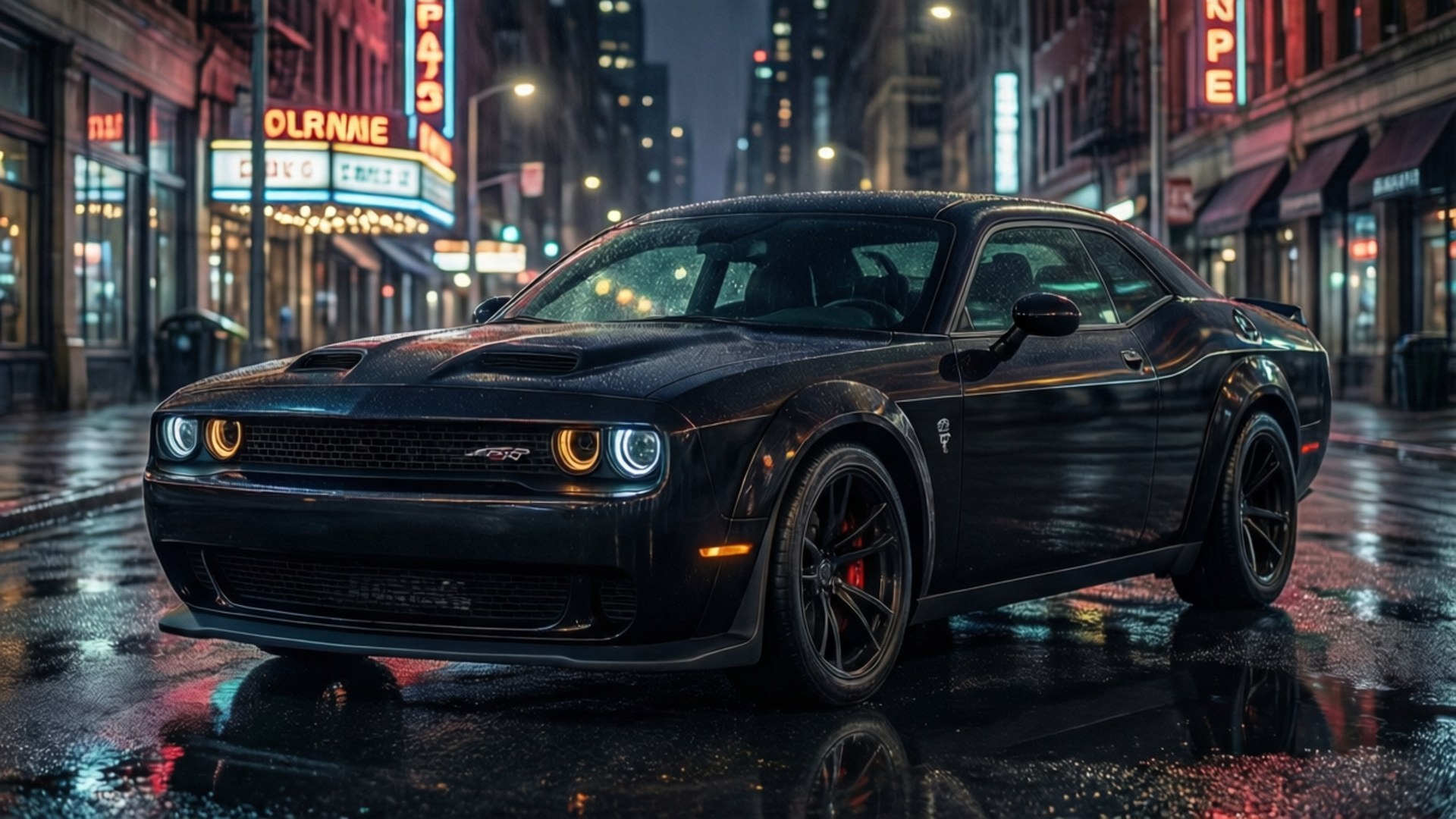 Neon Nights Hellcat 壁紙 — 一台流線型的黑色Dodge Challenger SRT Hellcat在夜間濕漉漉的城市街道上，在霓虹燈下閃閃發光。