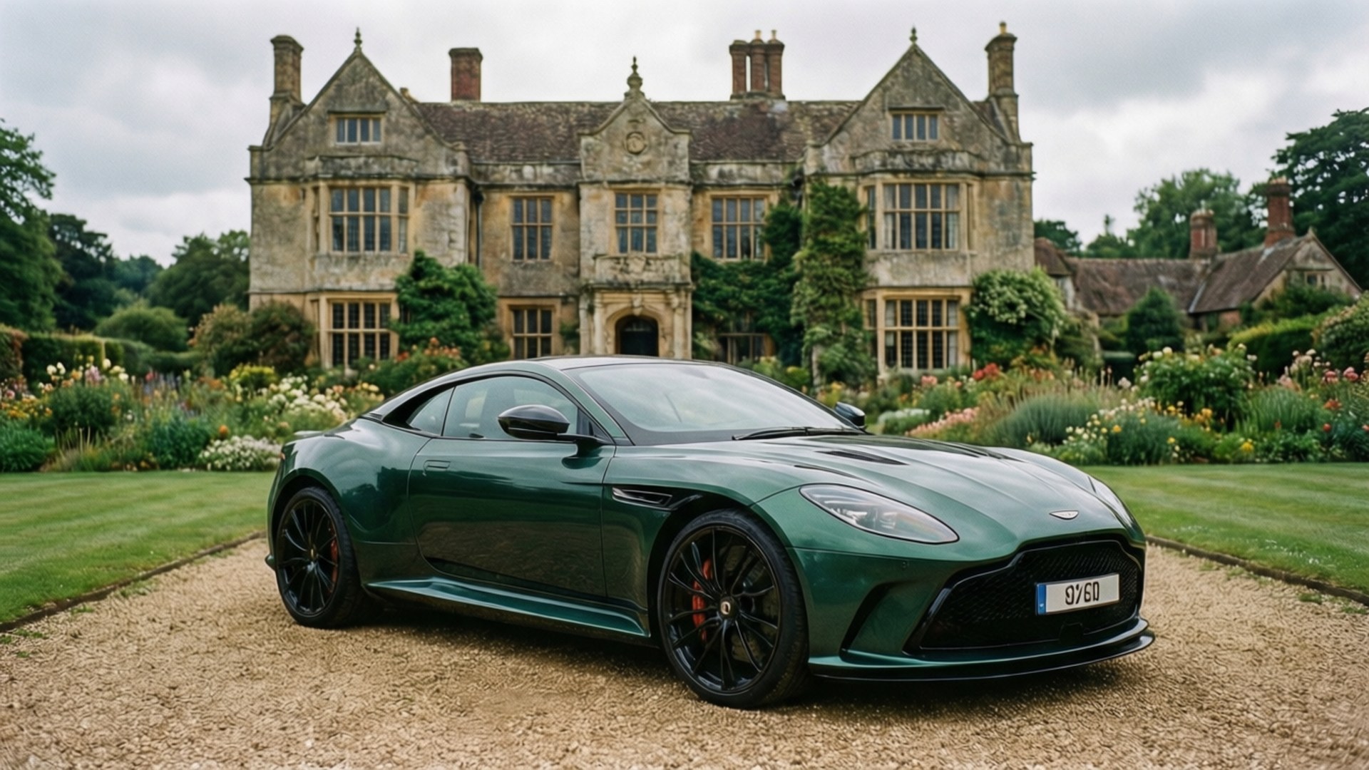 Superleggera Manor 壁紙 — 一輛流線型綠色Aston Martin跑車停泊在碎石車道上，前方是一座宏偉的石砌莊園大宅，周圍有修剪整齊的花園。