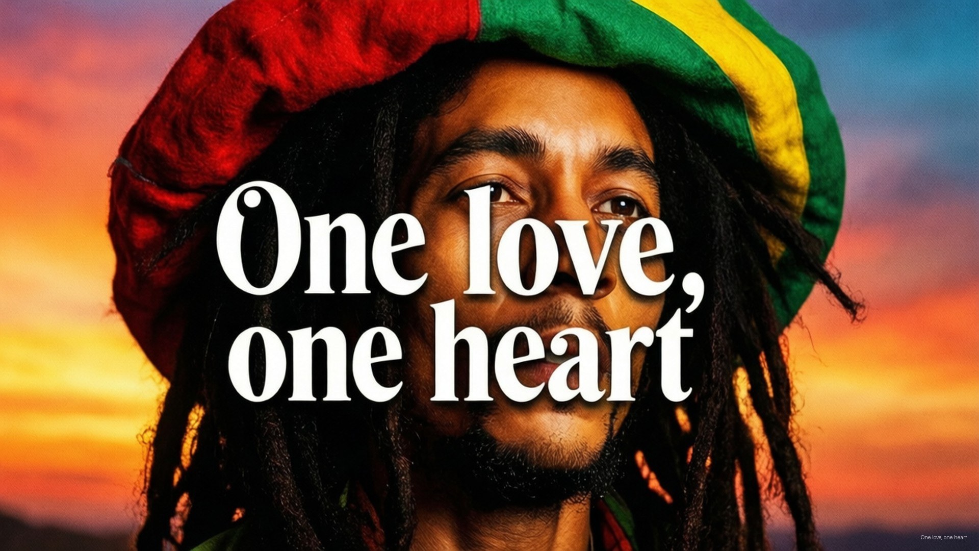 One Love Sunset Portrait 壁紙 — 一個留著辮子、戴著紅綠黃色貝雷帽的男人，在充滿活力的日落天空下向上凝視，上面覆蓋著文字 one love one heart。