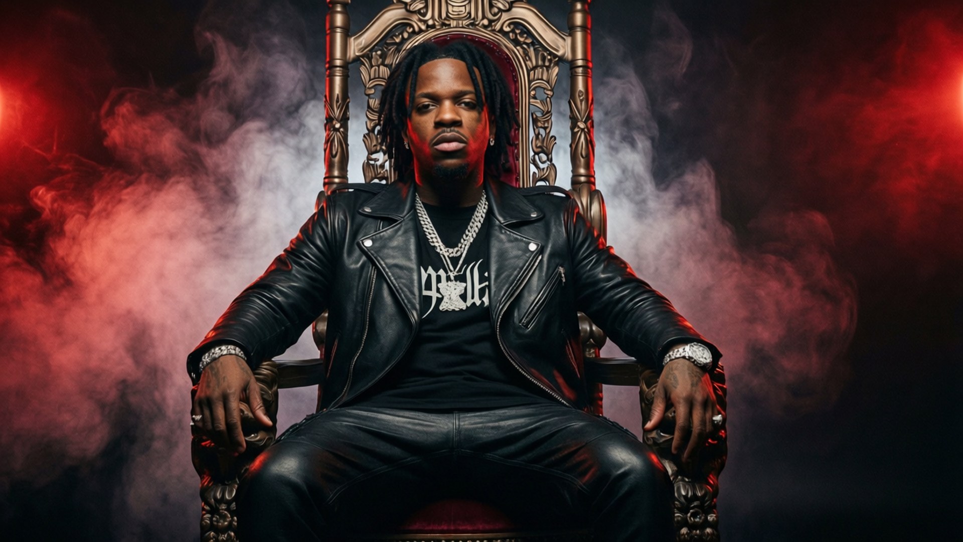 Leather Throne 壁紙 — 一個留著辮子頭的男人威嚴地坐在一個華麗的寶座上，身處煙霧瀰漫、紅光閃爍的攝影棚，穿著黑色皮夾克和鏈條。