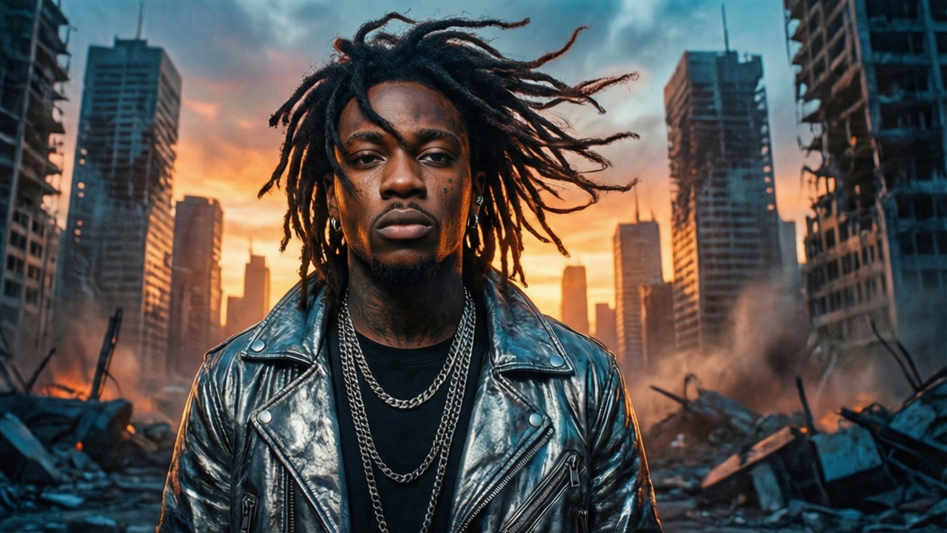 Dystopian Rapper 壁紙 — 一個留著辮子頭、身穿閃亮皮夾克的男人，在日落時分，挑釁地站在燃燒的廢墟城市景觀中。