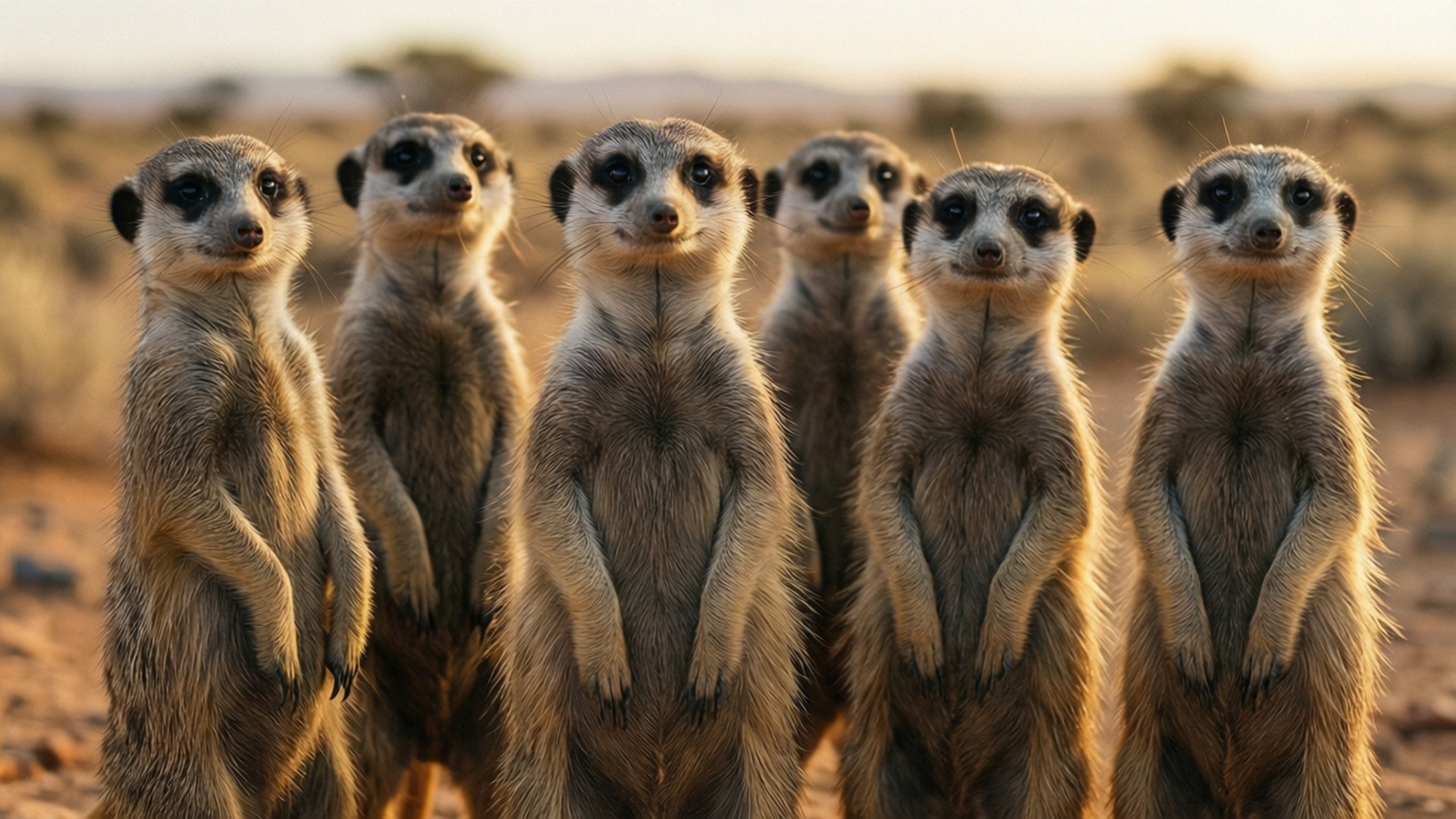 Meerkats on Lookout 壁紙 — 六隻狐獴在黃金時刻的沙漠中警覺地站立，牠們的皮毛捕捉溫暖光線，凝視前方。
