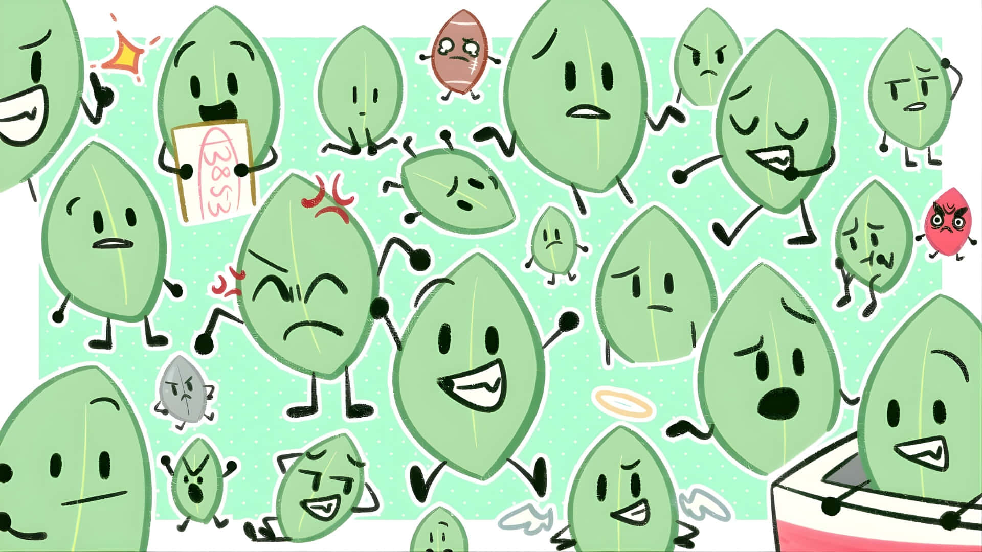  壁紙 — 一個生動的卡通場景，描繪了擬人化的綠色葉子，帶有表情豐富的臉孔和四肢，有些微笑，有些皺眉，背景是淺藍綠色。