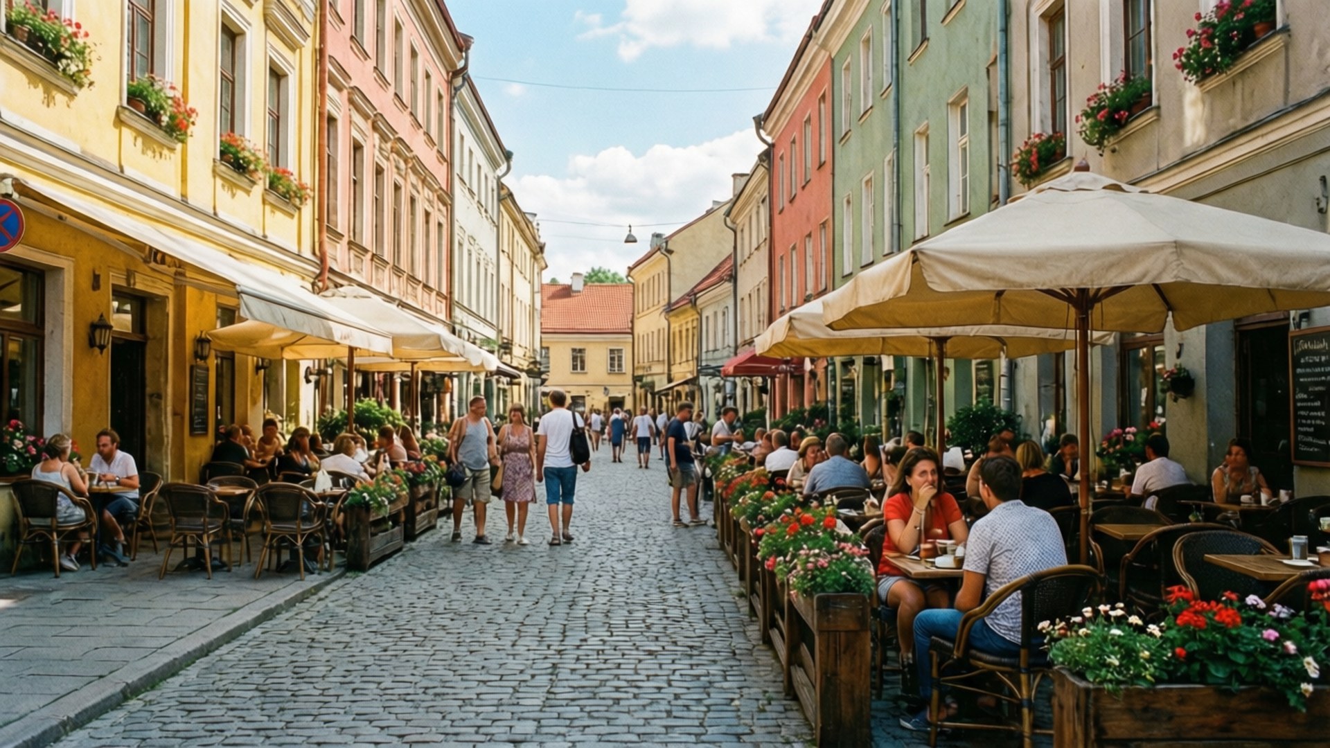 Summer Cafe on Cobblestone 壁紙 — 一條熱鬧的鵝卵石街道，兩旁是色彩繽紛的建築物和戶外咖啡館，人們在大傘下熙熙攘攘。