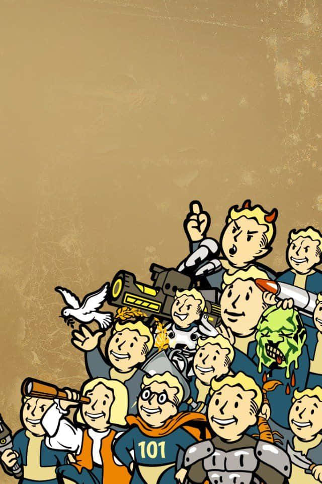  壁紙 — 一群穿著Vault 101裝備的Vault Boys，在帶有紋理的米色背景前，愉快地拿著武器和一隻鴿子擺姿勢。