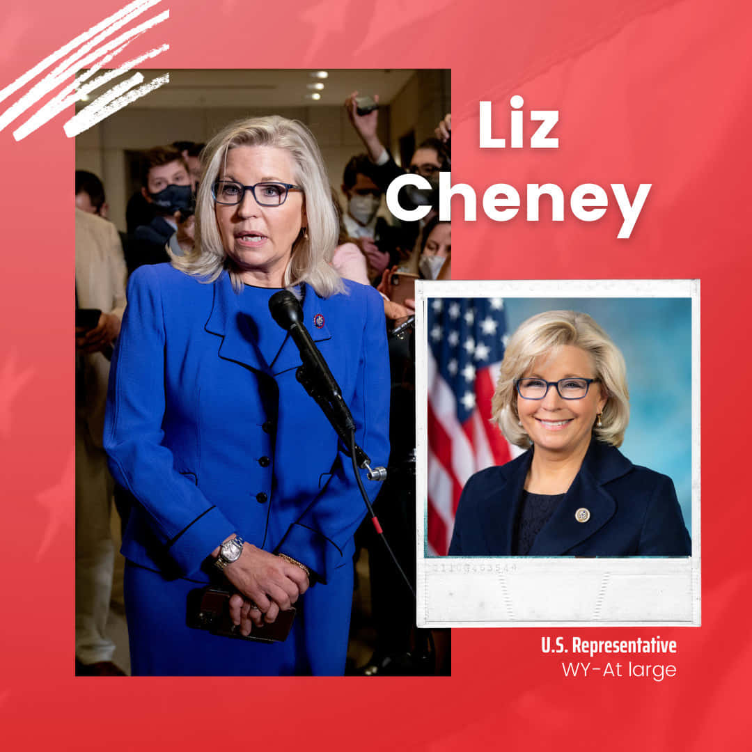 Celebrity 桌布 壁紙 — Liz Cheney 身穿藍色西裝站在麥克風前，背景為紅色，並出現一張她微笑站在美國國旗旁邊的拍立得照片。