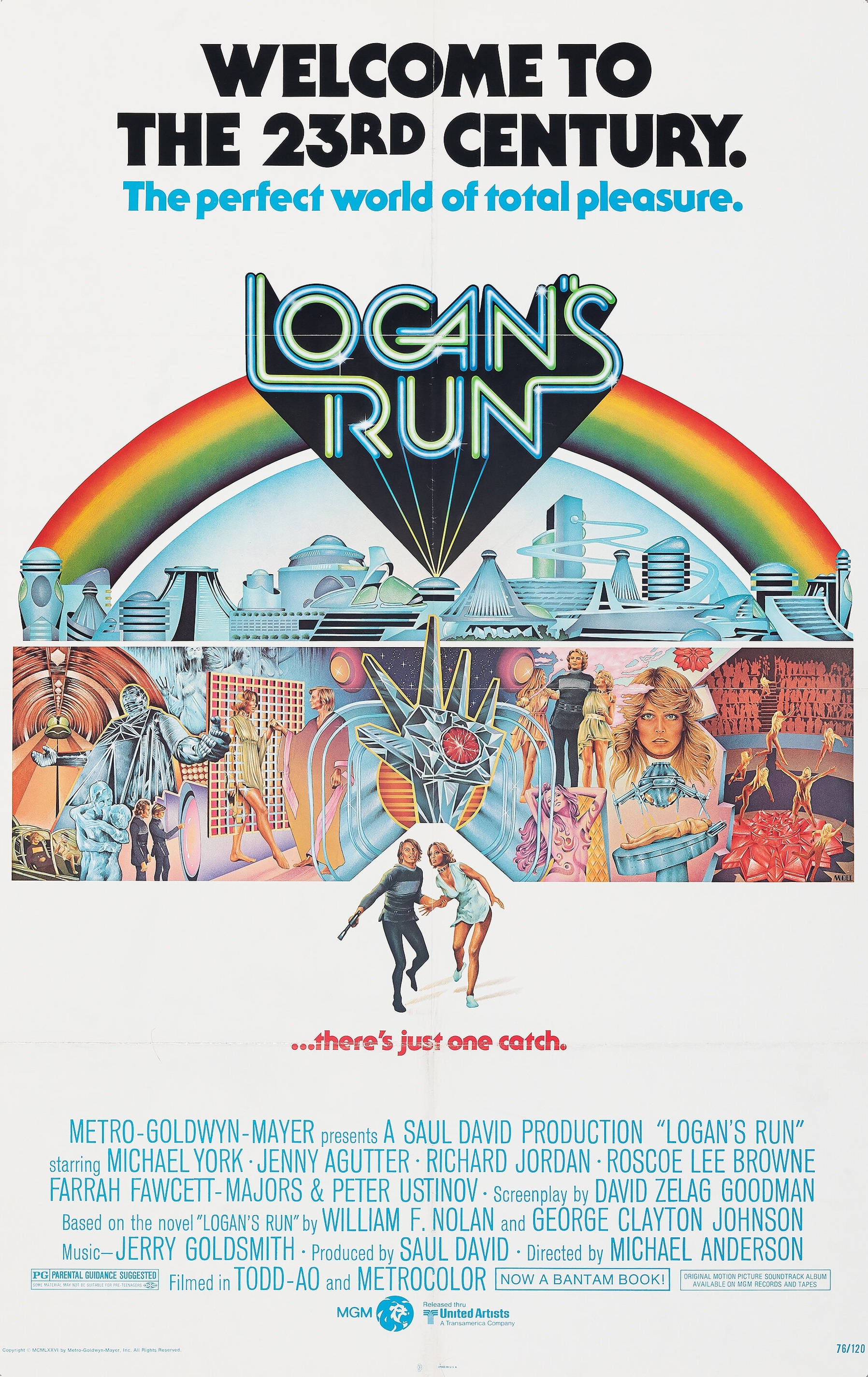 English 桌布 壁紙 — 《Logan's Run》的復古未來主義電影海報，彩虹拱形於霓虹城市景觀之上，人們跳舞並帶有未來元素。