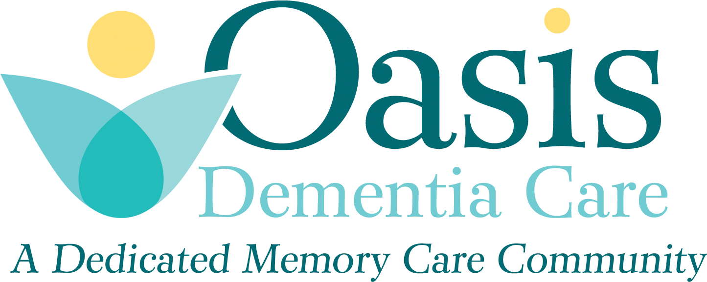 綠洲 桌布 壁紙 — Oasis Dementia Care 標誌，以黑色背景襯托青綠色抽象翅膀和黃色太陽。