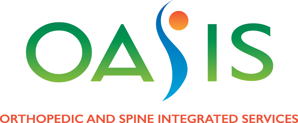 綠洲 桌布 壁紙 — Oasis Orthopedic and Spine Integrated Services 的標誌，帶有綠色漸變字母和藍色與橙色的風格化人形。