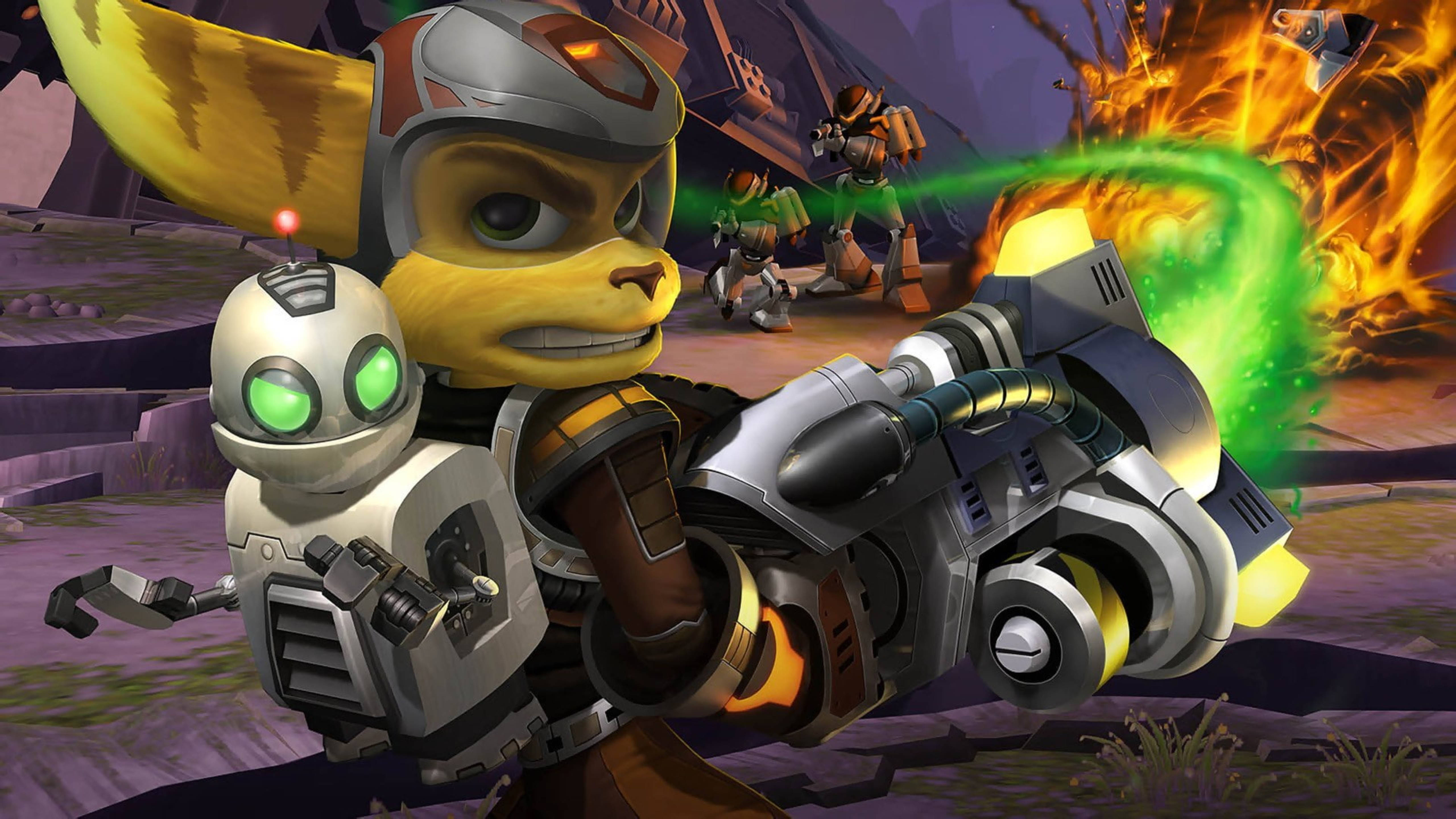 ratchet 桌布 壁紙 — Lombax 的 Ratchet 在一場熾熱的科幻戰鬥中，與他的機器人同伴 Clank 一起發射發光的綠色武器。