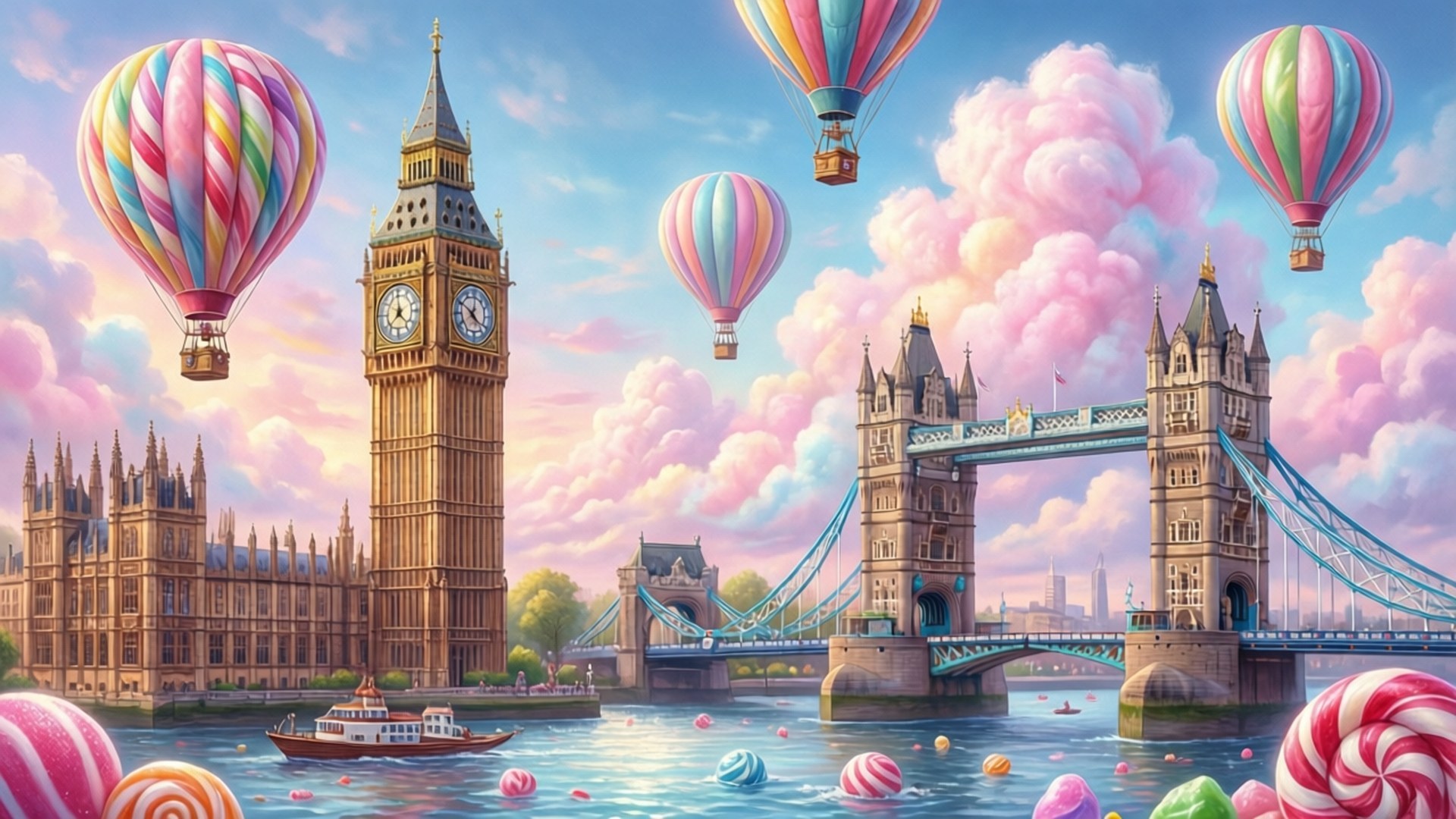 London Candy Sky 壁紙 — 倫敦地標漂浮在糖果色的熱氣球和巨型棒棒糖之間，在粉彩天空下。