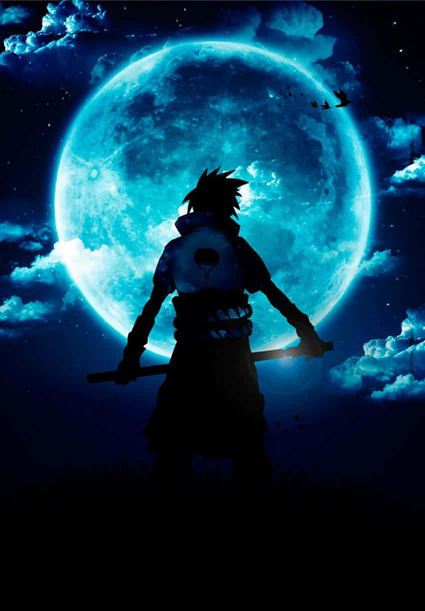 壁紙 — 一個孤獨的動漫戰士以剪影姿態站立，手持劍，面前是巨大的發光藍色月亮，背景是繁星點點的夜空。