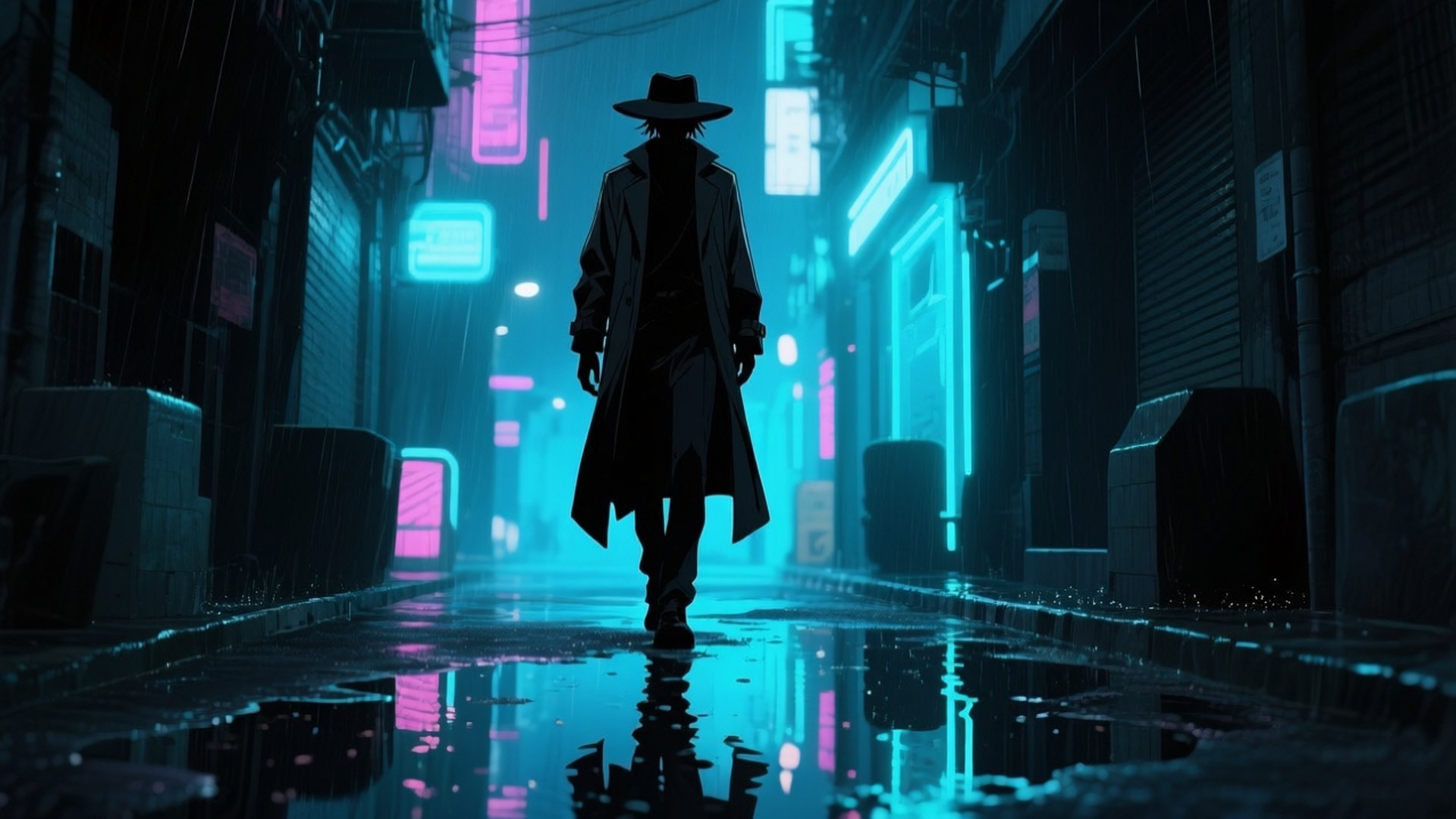 Neon Noir Stalker 壁紙 — 一個孤獨的身影穿著風衣和帽子，走在濕漉漉的霓虹燈小巷中，反射出鮮豔的藍色和粉紅色燈光。