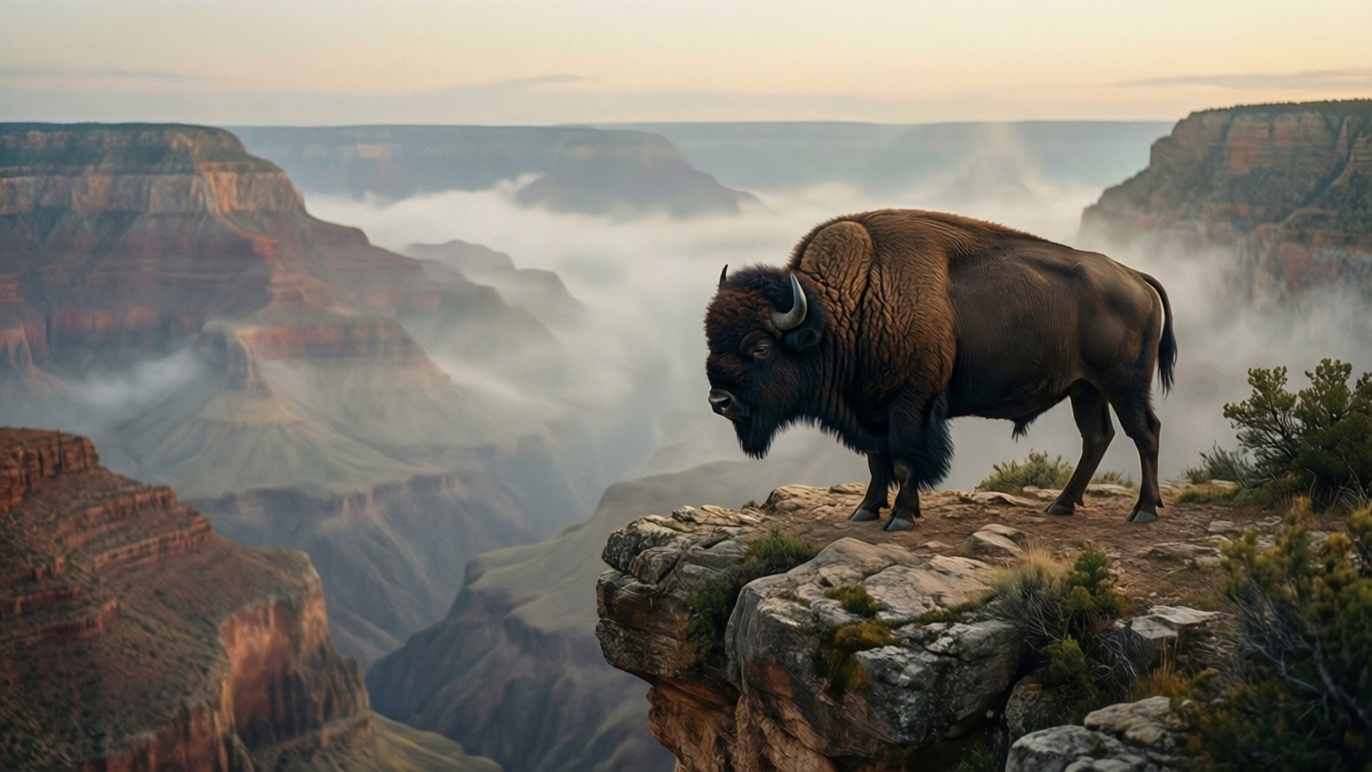Buffalo on the Cliff 壁紙 — 一頭孤獨的野牛站在岩石峭壁上，俯瞰著霧氣瀰漫的峽谷，層層疊疊的紅色岩層沐浴在柔和的晨光中。