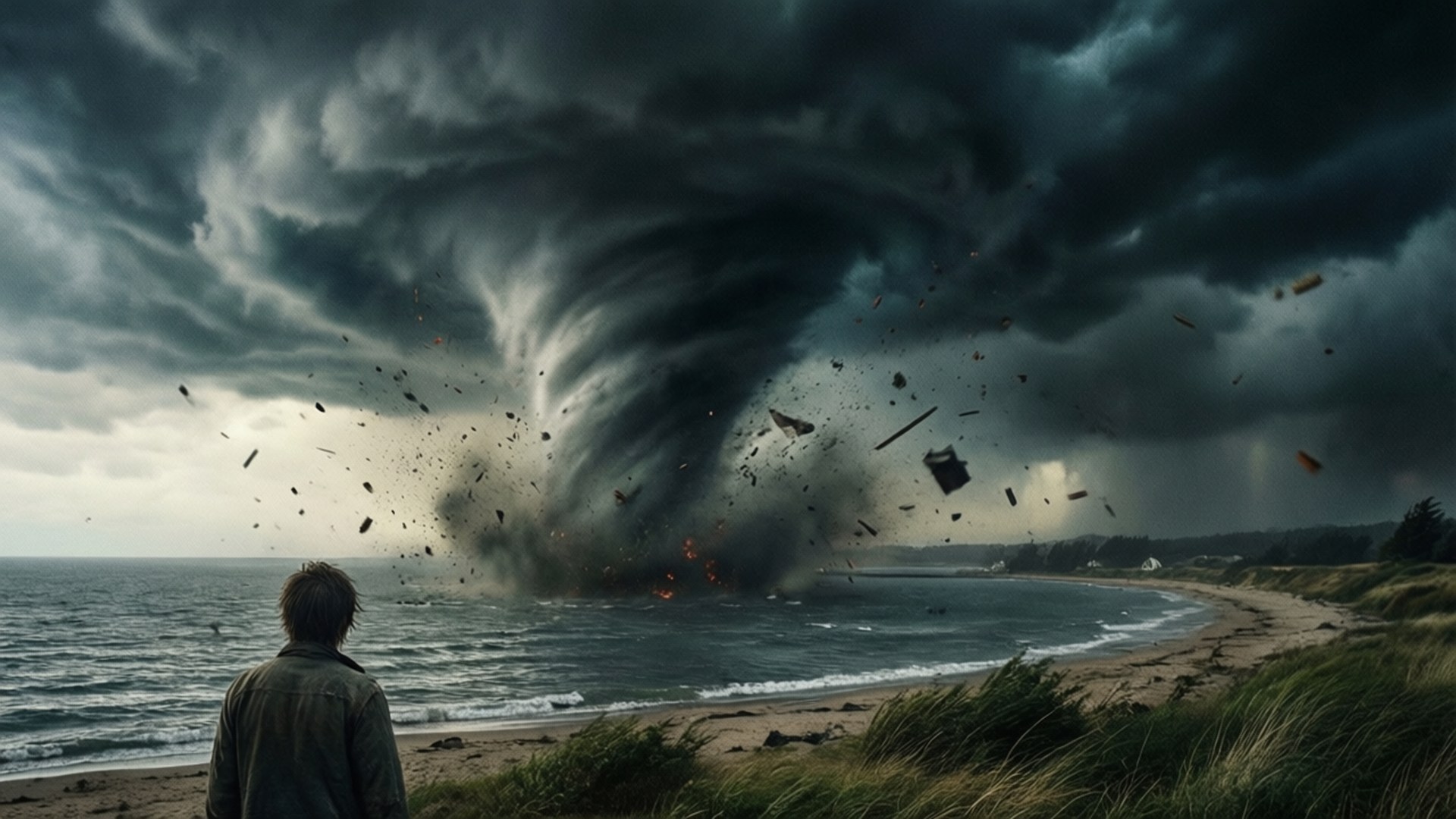 Approaching Tornado 壁紙 — 一個孤獨的身影站在風吹的海灘上，看著巨大的龍捲風猛烈地撕裂海岸線，將碎片拋向空中。