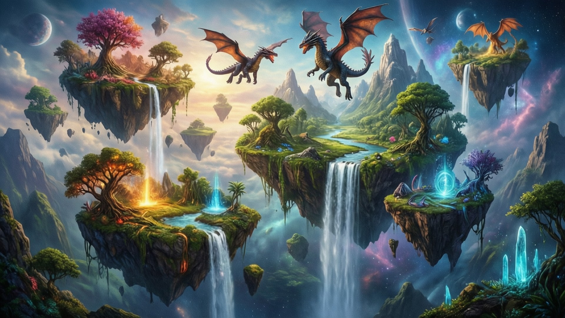 Fantasy Island Realms 壁紙 — 龍在浮島之間翱翔，島上有瀑布、發光的樹木和宇宙天空，構成充滿活力的奇幻景觀。