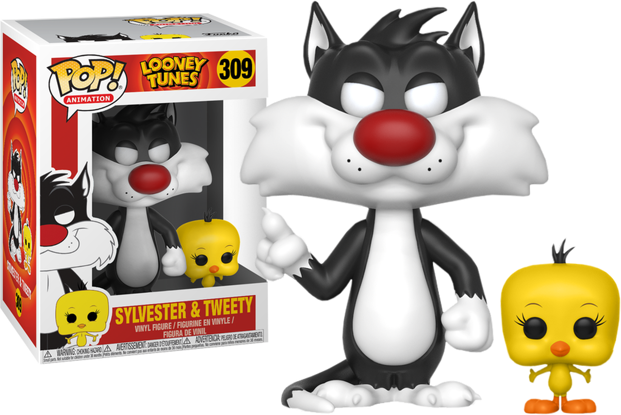 樂一通 桌布 壁紙 — Looney Tunes 的 Sylvester 貓和 Tweety 鳥 Funko Pop! 塑膠公仔連收藏盒展示。