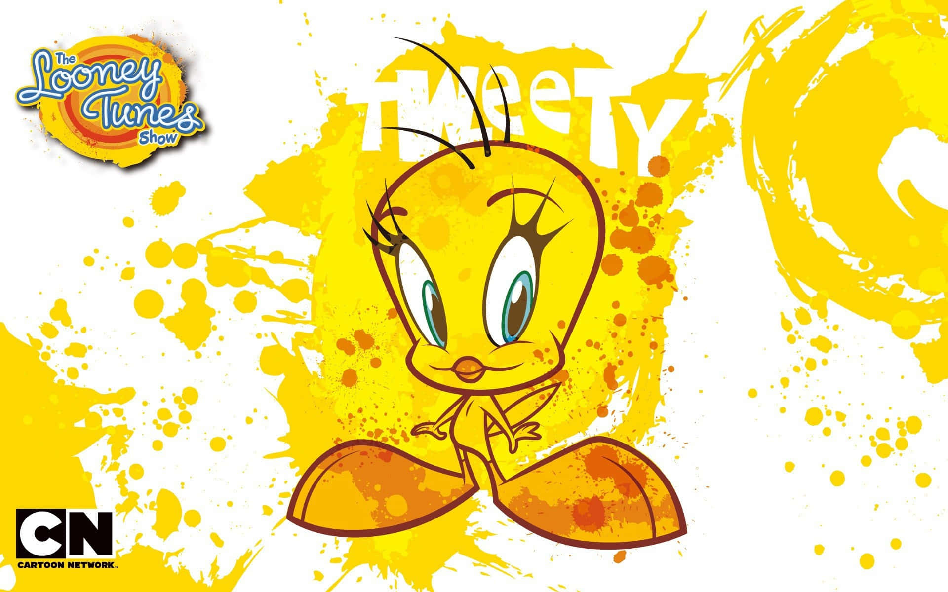樂一通 桌布 壁紙 — Looney Tunes 的 Tweety Bird 站在充滿活力的黃色油漆潑濺背景前，很開心。