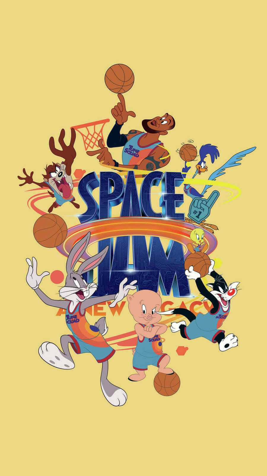 籃球 桌布 壁紙 — Looney Tunes 角色在鮮黃色背景上圍繞「Space Jam」標誌進行充滿活力的籃球動作。