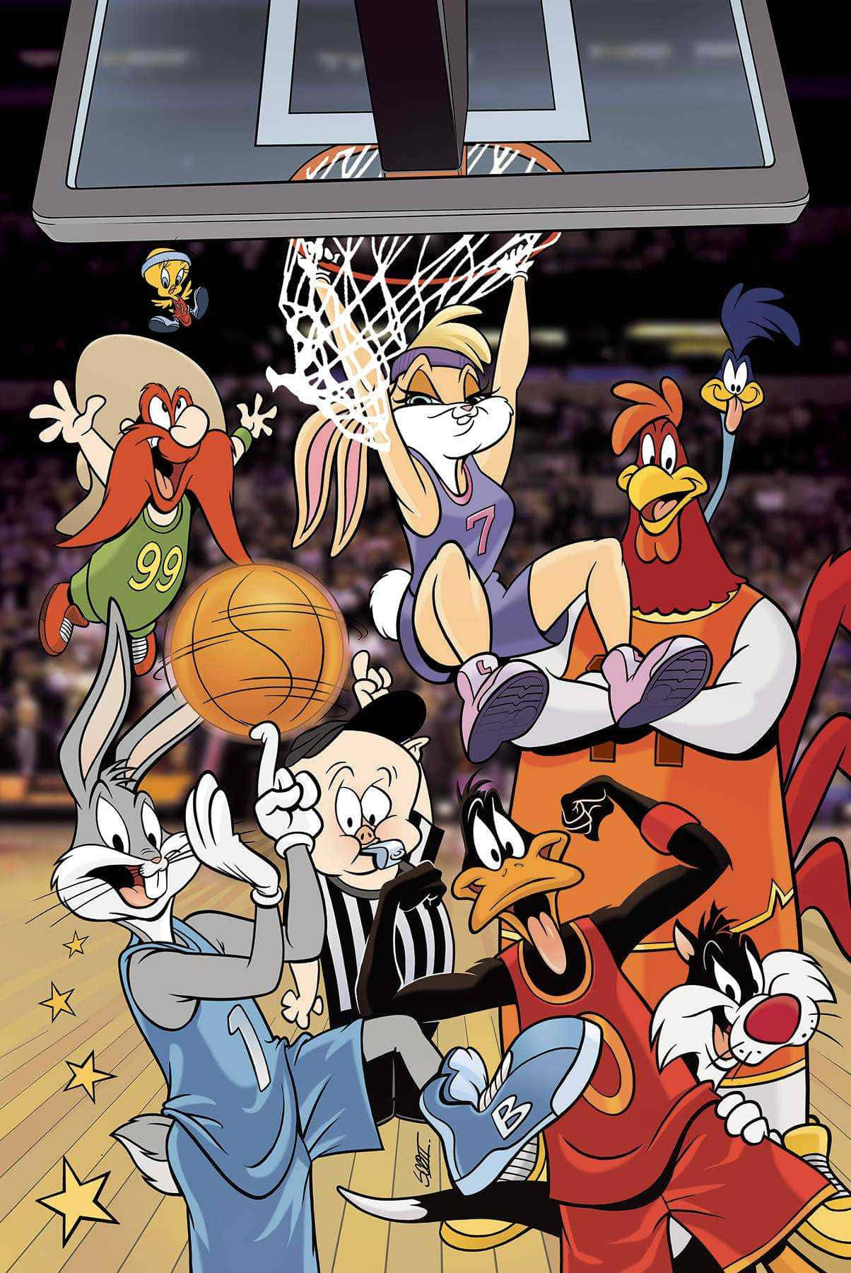 Cool Space Jam 桌布 壁紙 — Looney Tunes 角色在充滿活力的競技場中打籃球，頭頂有星星和籃框。