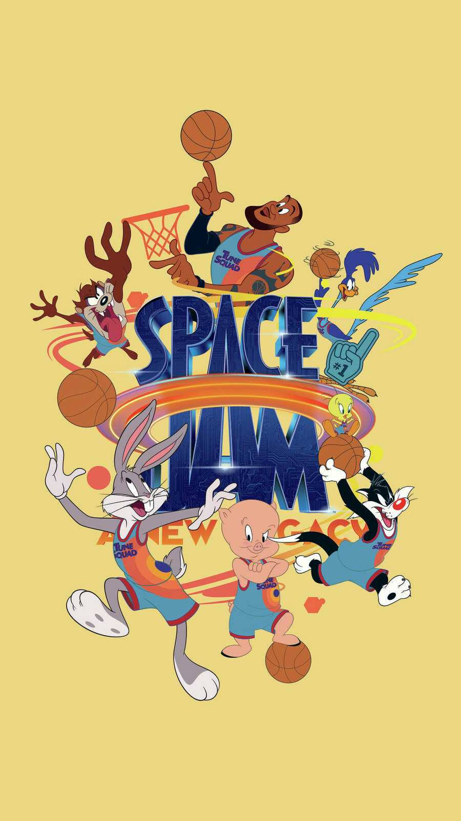 jam 桌布 壁紙 — Looney Tunes 角色穿著鮮豔的籃球裝備，在純黃色背景上跳躍和灌籃，並帶有粗體 'SPACE JAM' 字樣。
