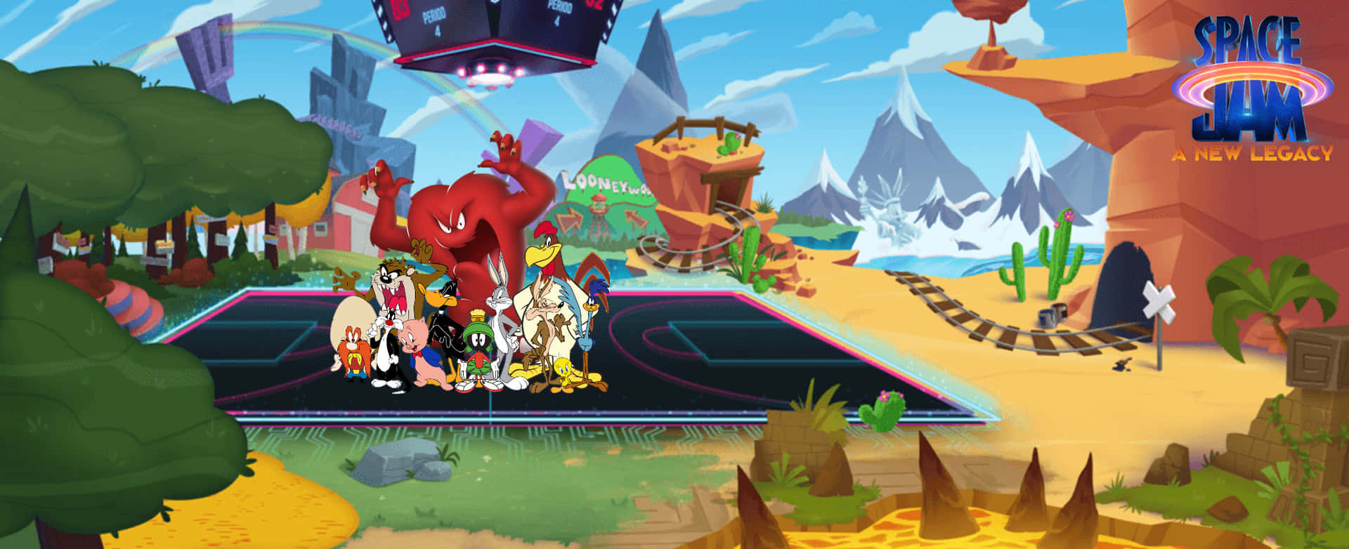 Space Jam A New Legacy 桌布 壁紙 — Looney Tunes 角色站在籃球場上，背景是充滿活力的卡通沙漠景觀，有山脈和一個飛行的籃框。