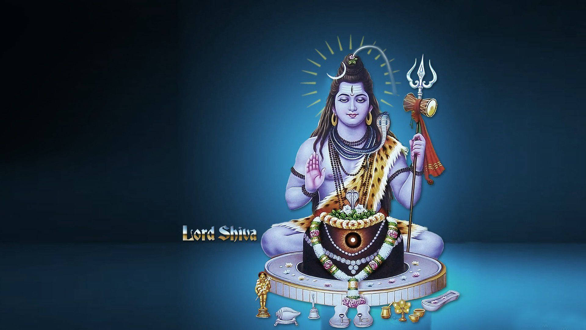 bhole baba 桌布 壁紙 — Lord Shiva 在深藍色漸變背景上，以冥想姿勢安詳地坐著，裝飾著神聖的符號和供品。