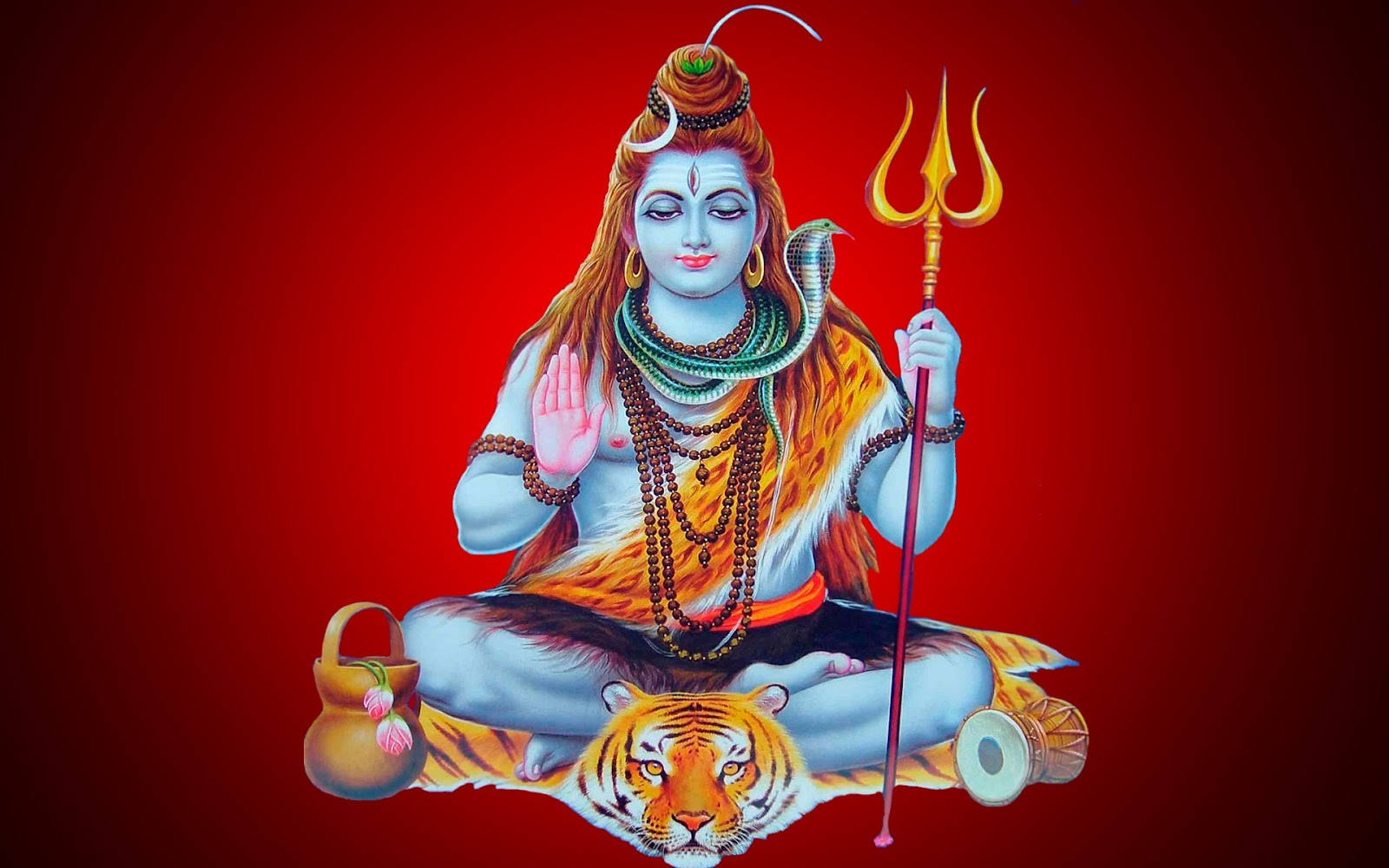 濕婆神 桌布 壁紙 — Lord Shiva 在老虎上寧靜冥想，手持三叉戟和蛇，在深紅色背景下發光。