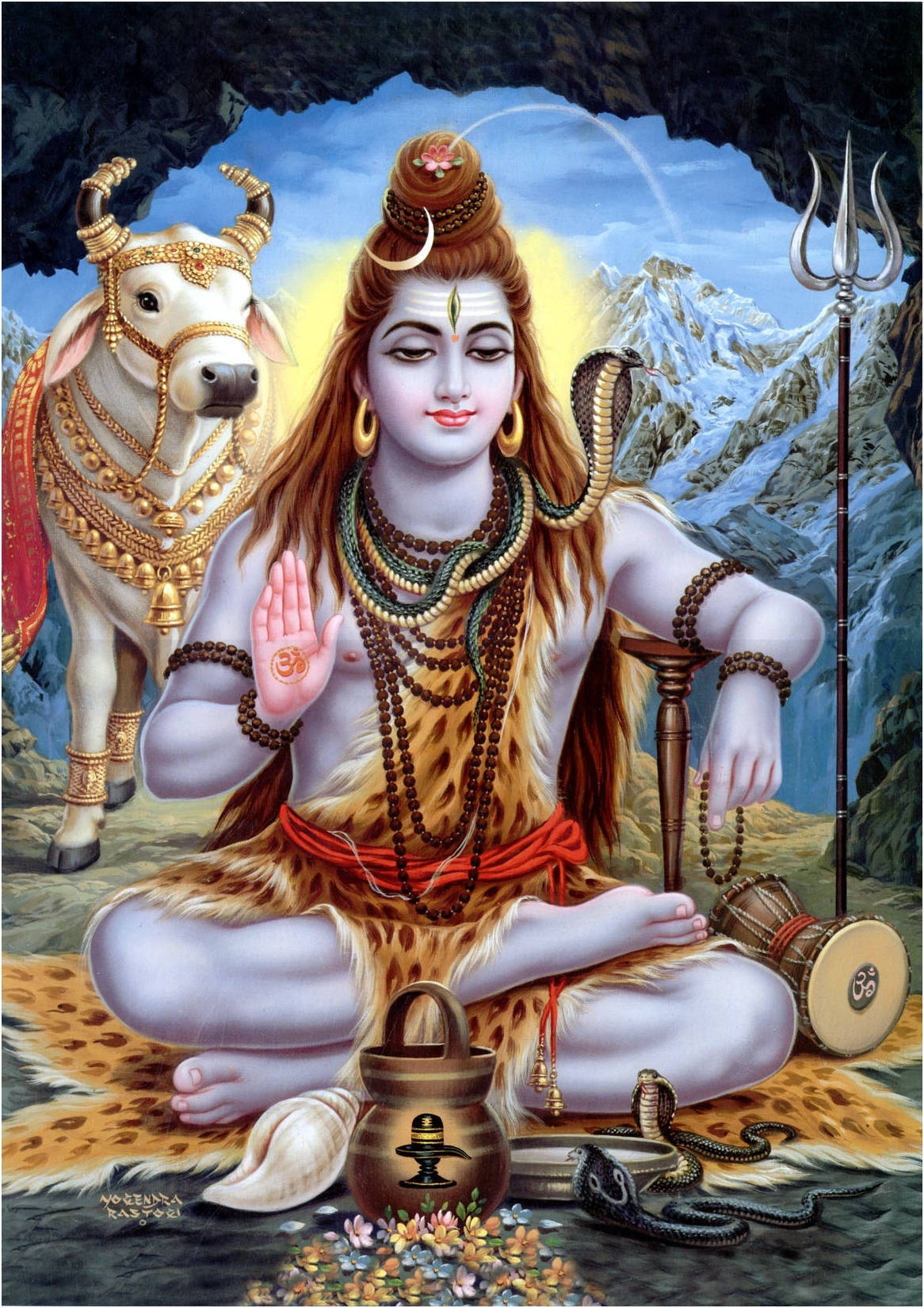Lord Shiva在山洞中與Nandi公牛和神聖符號一起冥想。