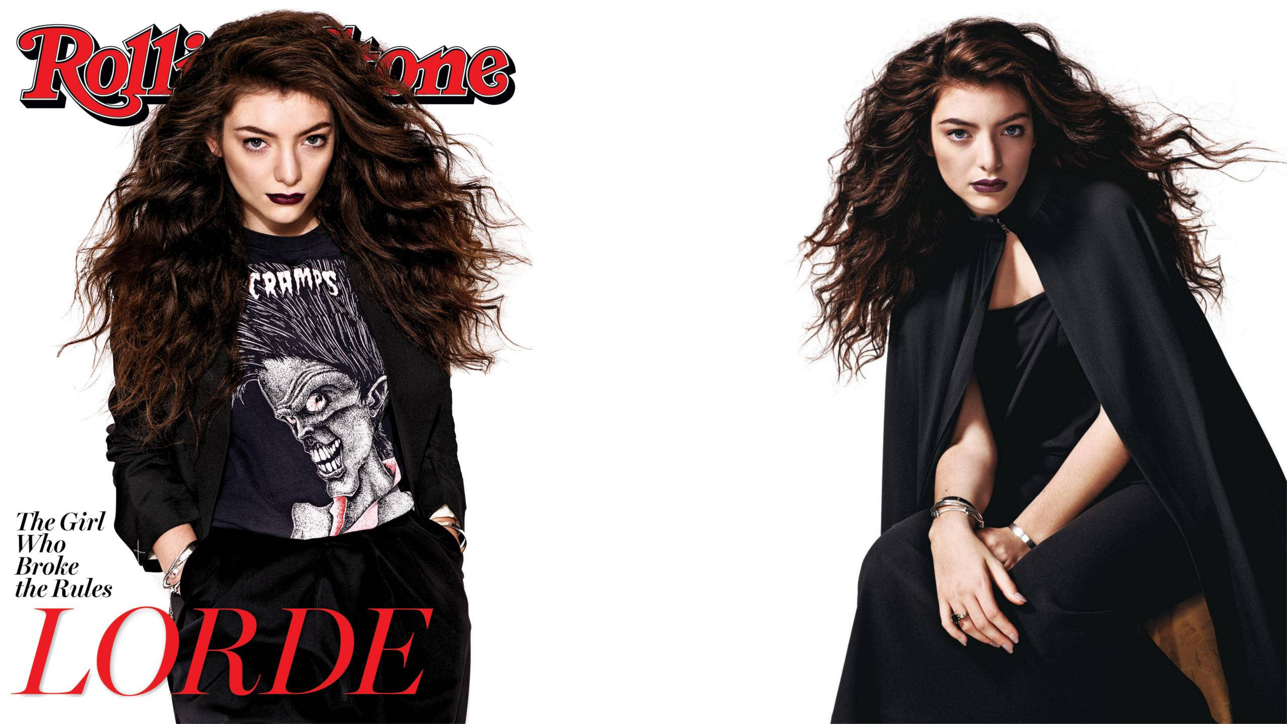 Lorde 桌布 壁紙 — Lorde 在白色背景上以兩種對比服裝擺姿勢，帶有 Rolling Stone 雜誌品牌標誌。