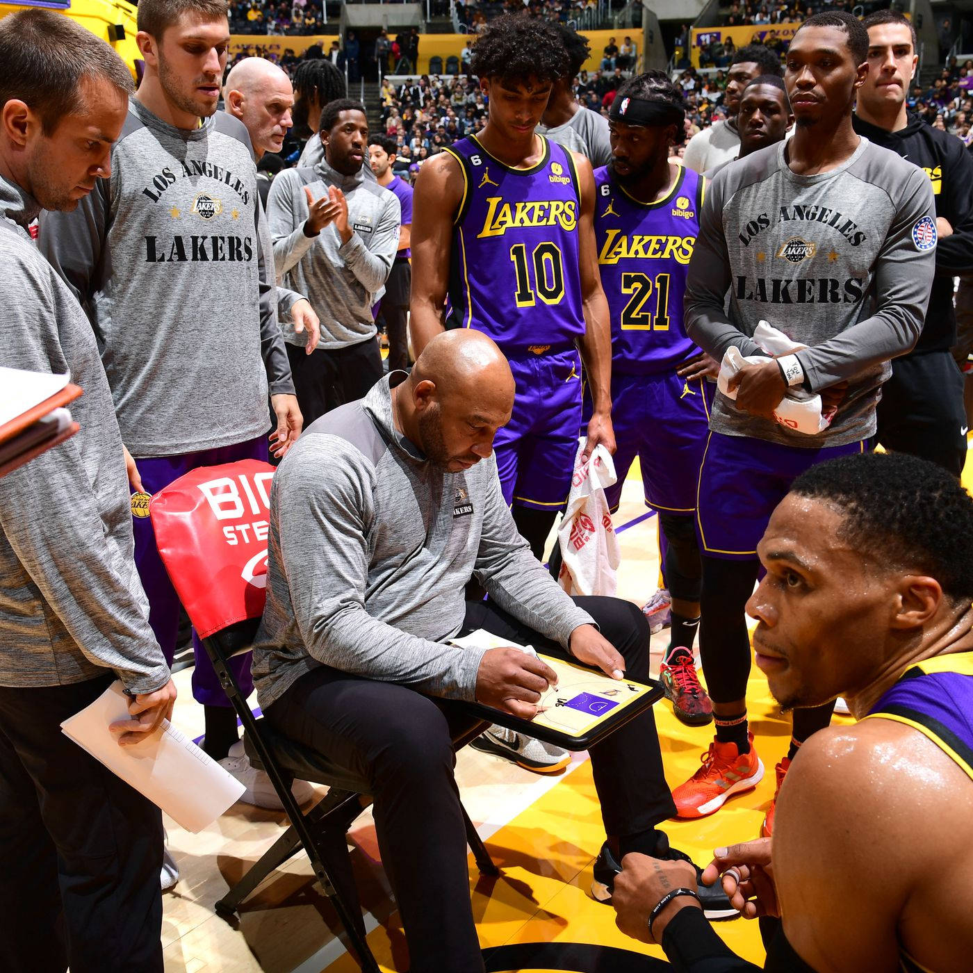 湖人教練在暫停期間於籃球場上與球員檢討戰術。 — NBA 壁紙