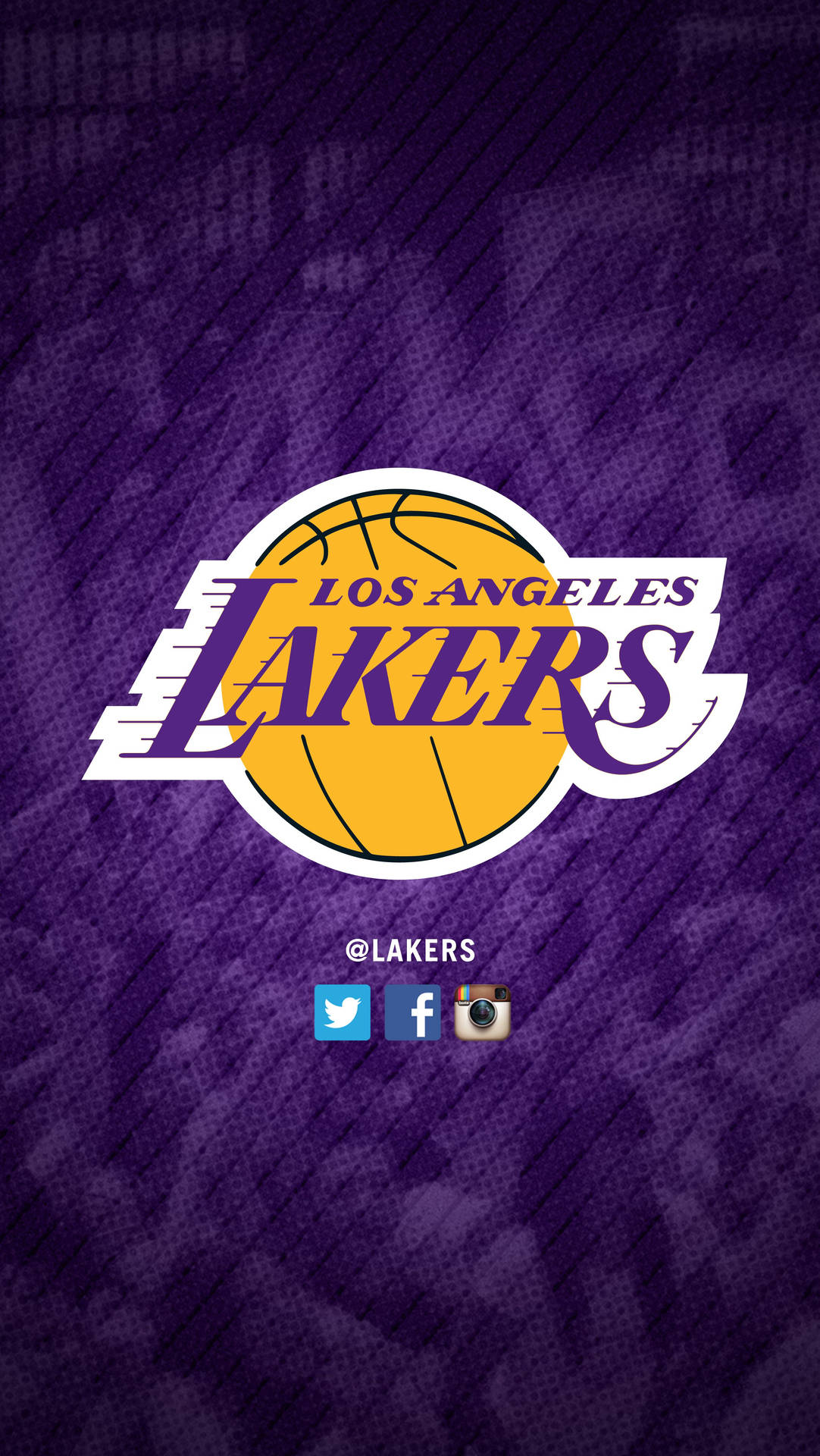 洛杉磯湖人隊標誌在帶紋理的紫色背景上，附有社交媒體圖示。 — 酷 NBA 壁紙