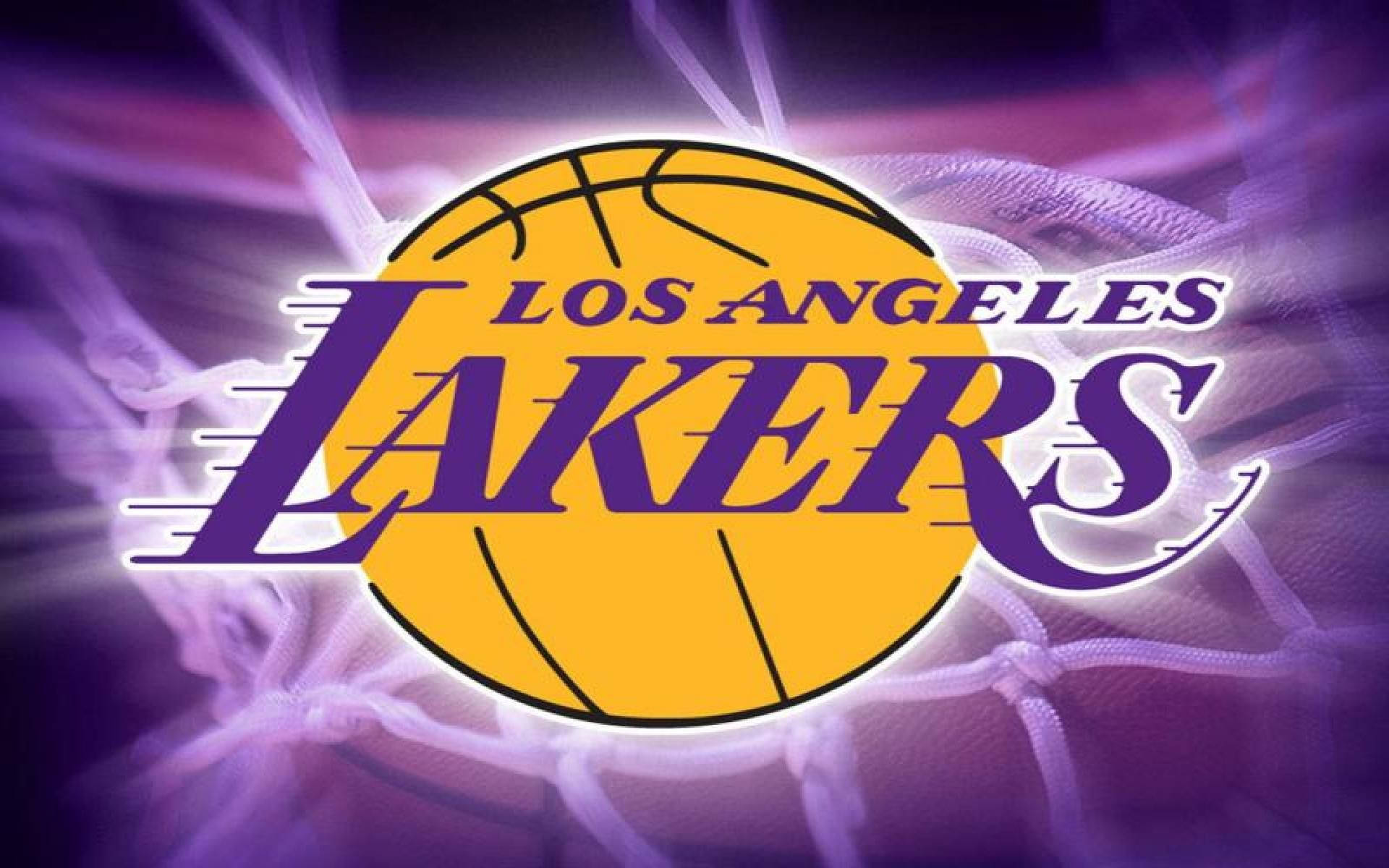 帶有紫色光芒和籃球網背景的洛杉磯湖人隊標誌。 — NBA 壁紙