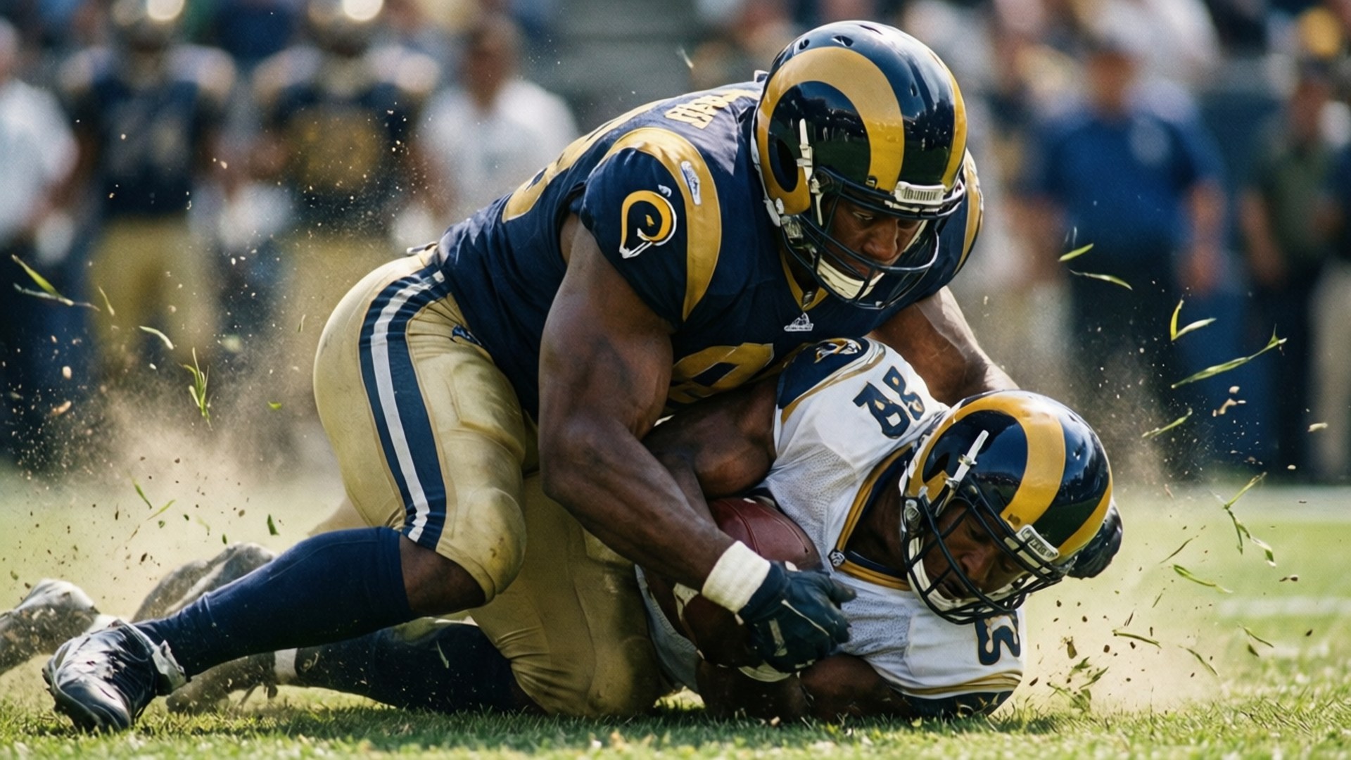 Rams Sack 壁紙 — 洛杉磯公羊隊的線衛擒抱水牛城比爾隊的外接手，在動態的草地上，草皮和塵土飛揚。