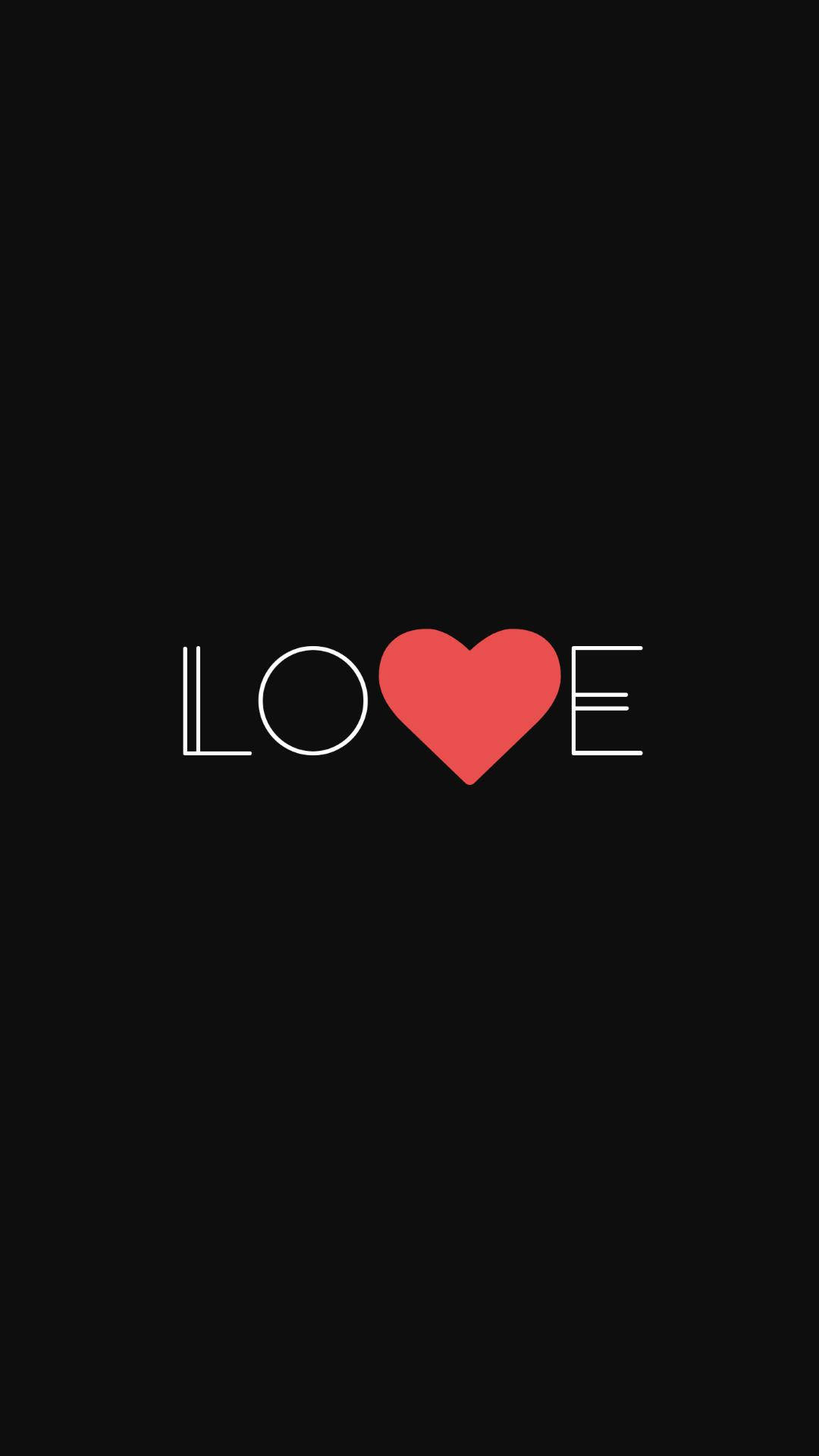 極簡 iPhone 桌布 壁紙 — 「LOVE」一詞，以紅色愛心取代字母O，居中顯示在黑色背景上。