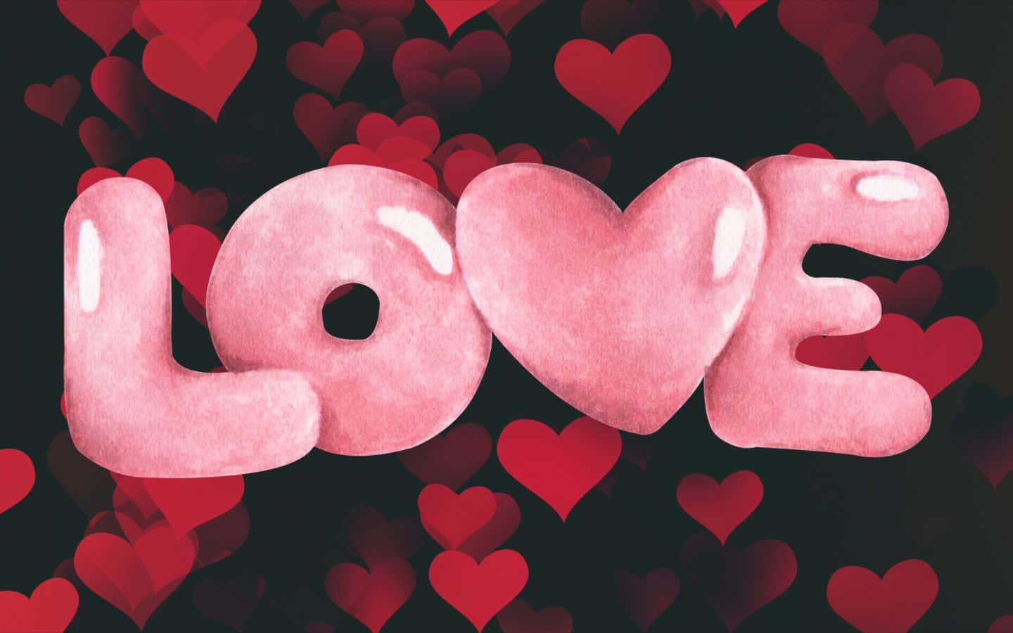 1440x900 桌布 壁紙 — 「LOVE」一詞以光澤粉紅色3D字母呈現，其中O被心形取代，周圍環繞著紅色心形，背景為深色。