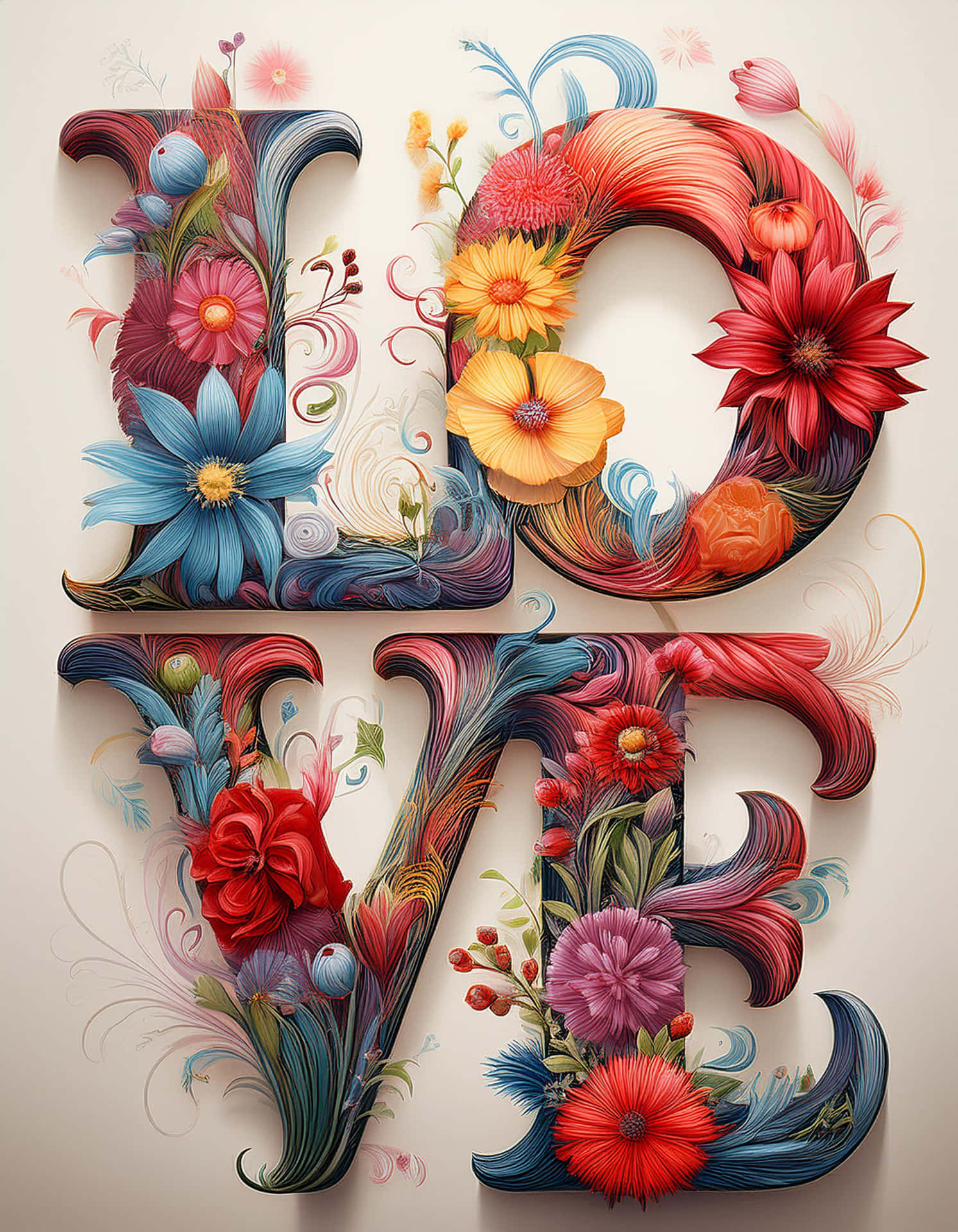 Colorful Love Typography with Flowers 壁紙 — 「love」一詞以粗體3D字母呈現，精緻地編織著鮮豔的花朵和旋轉的植物圖案，顏色有紅、藍、黃。