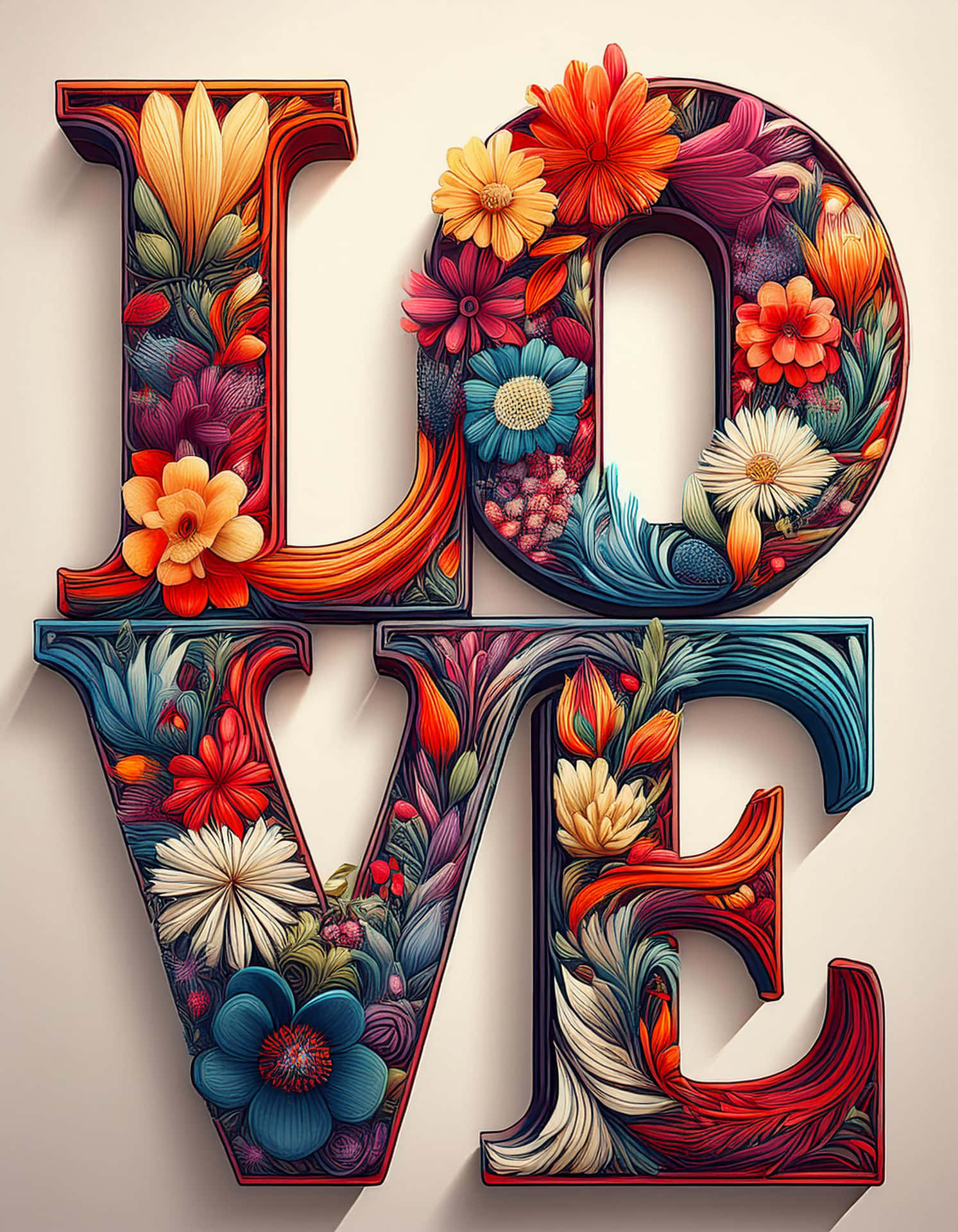 Colorful Love Typography with Flowers 壁紙 — 「LOVE」一詞以粗體3D字母呈現，精細地填充了鮮豔多彩的花朵和樹葉，背景為柔和的米色。