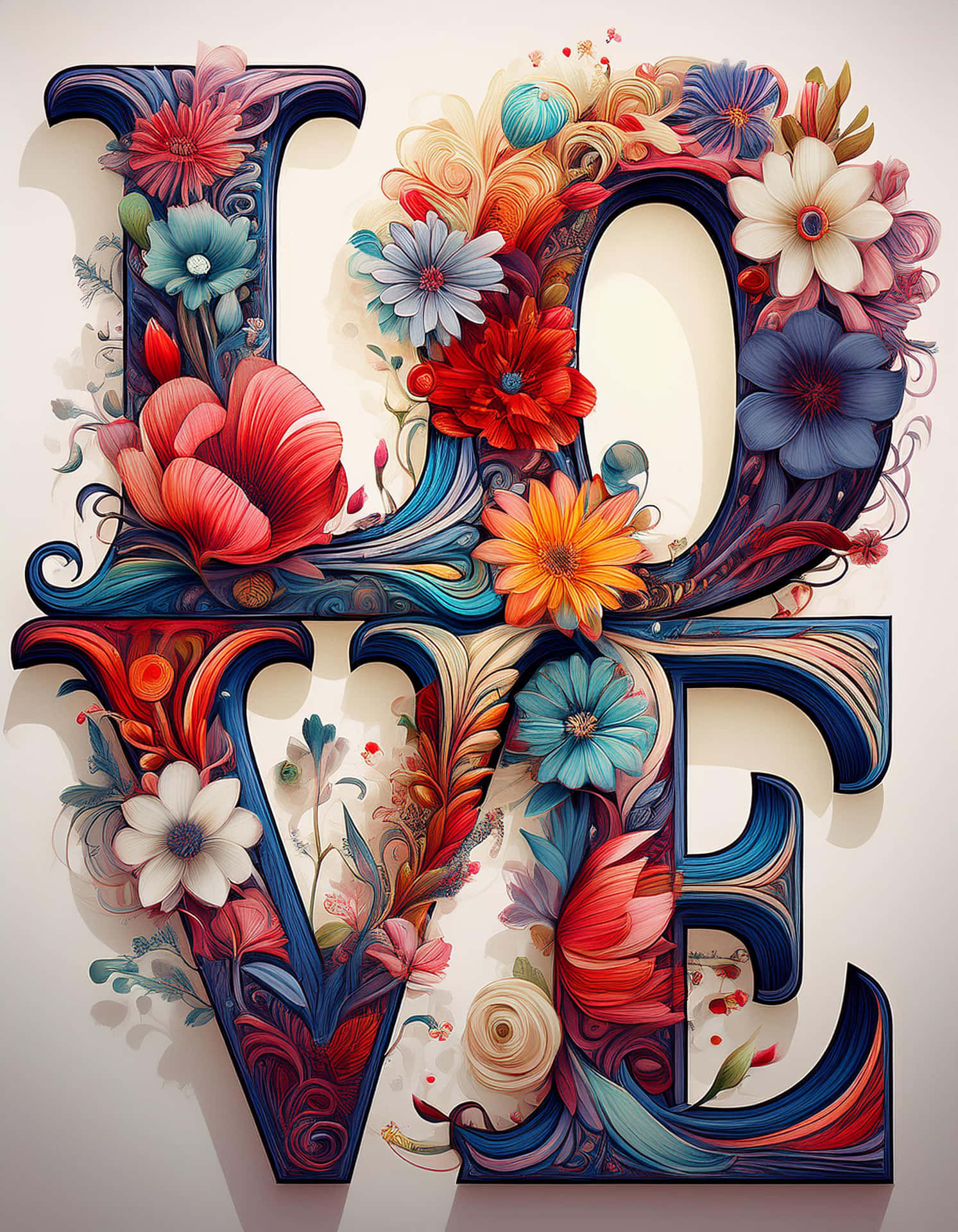 Colorful Love Typography with Flowers 壁紙 — 「LOVE」一詞以粗體3D字母呈現，精緻地點綴著鮮豔的紅色、藍色和白色花朵以及旋轉的植物圖案。