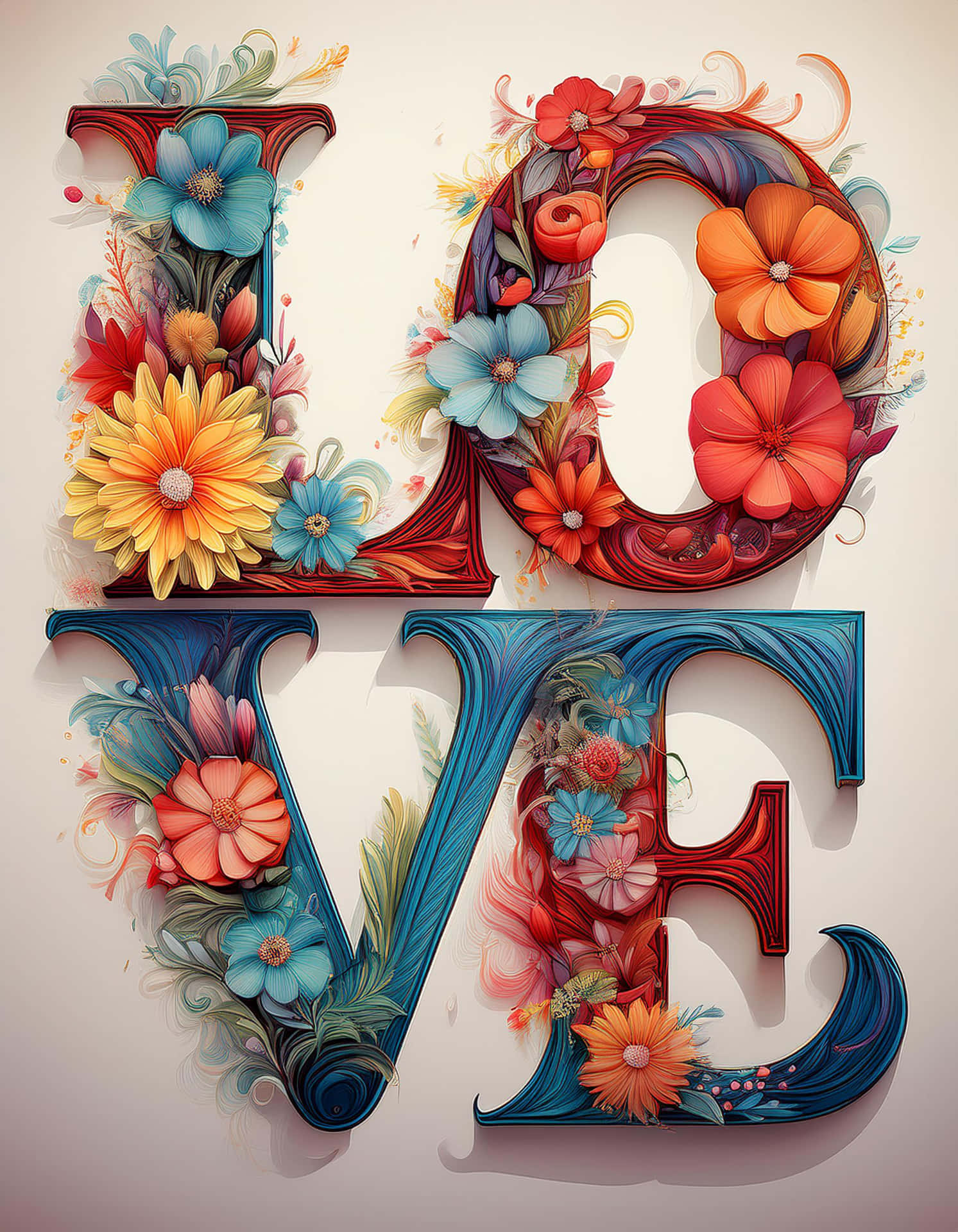 Colorful Love Typography with Flowers 壁紙 — 「LOVE」一詞以粗體3D字母呈現，飾以紅色、橙色、黃色和藍色的鮮豔花朵，背景為柔和的米色。