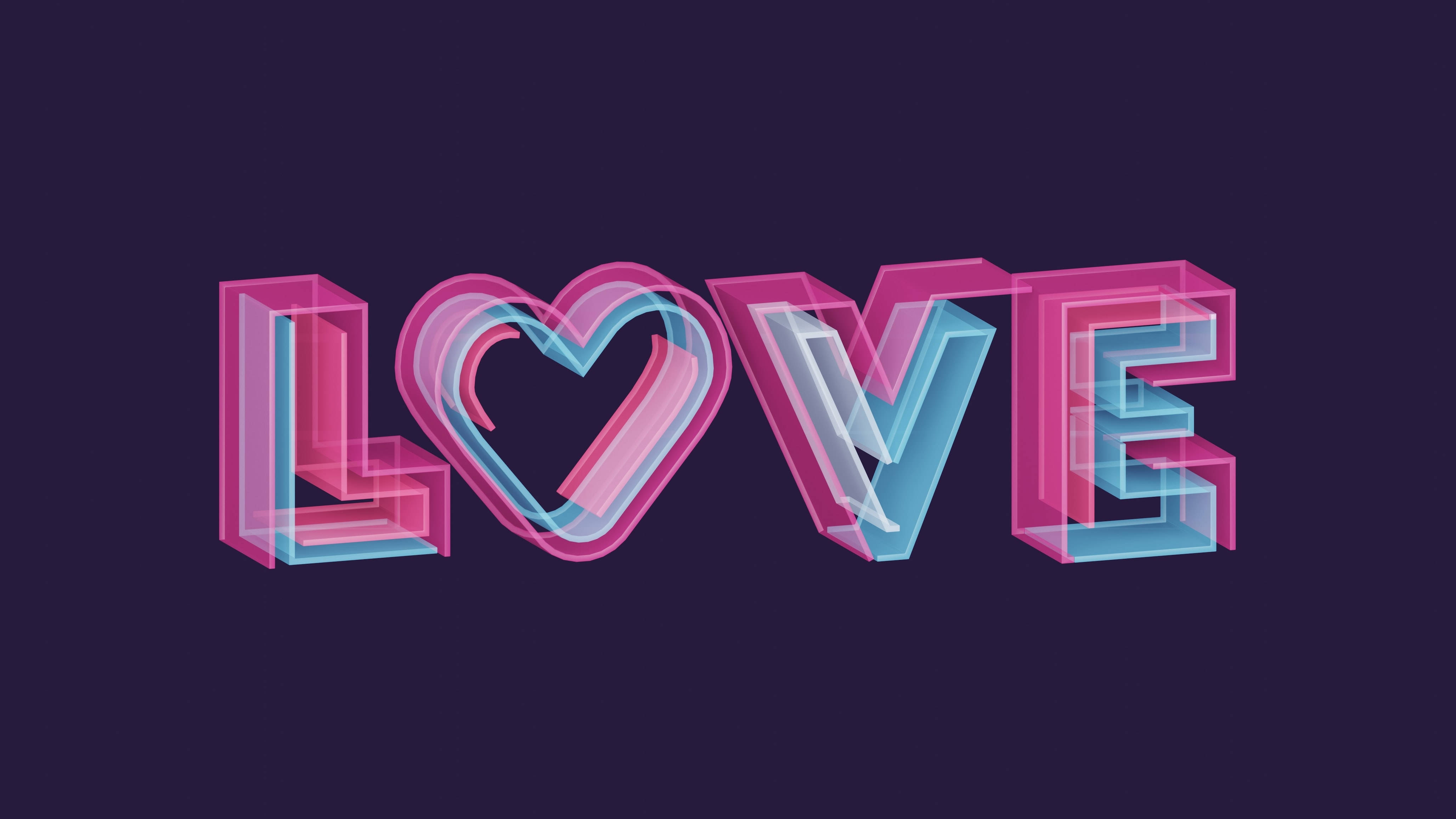 Love Heart 桌布 壁紙 — 「LOVE」一詞以粗體3D字母呈現，心形取代了O，在深紫色背景上發出粉紅色和藍色的光芒。