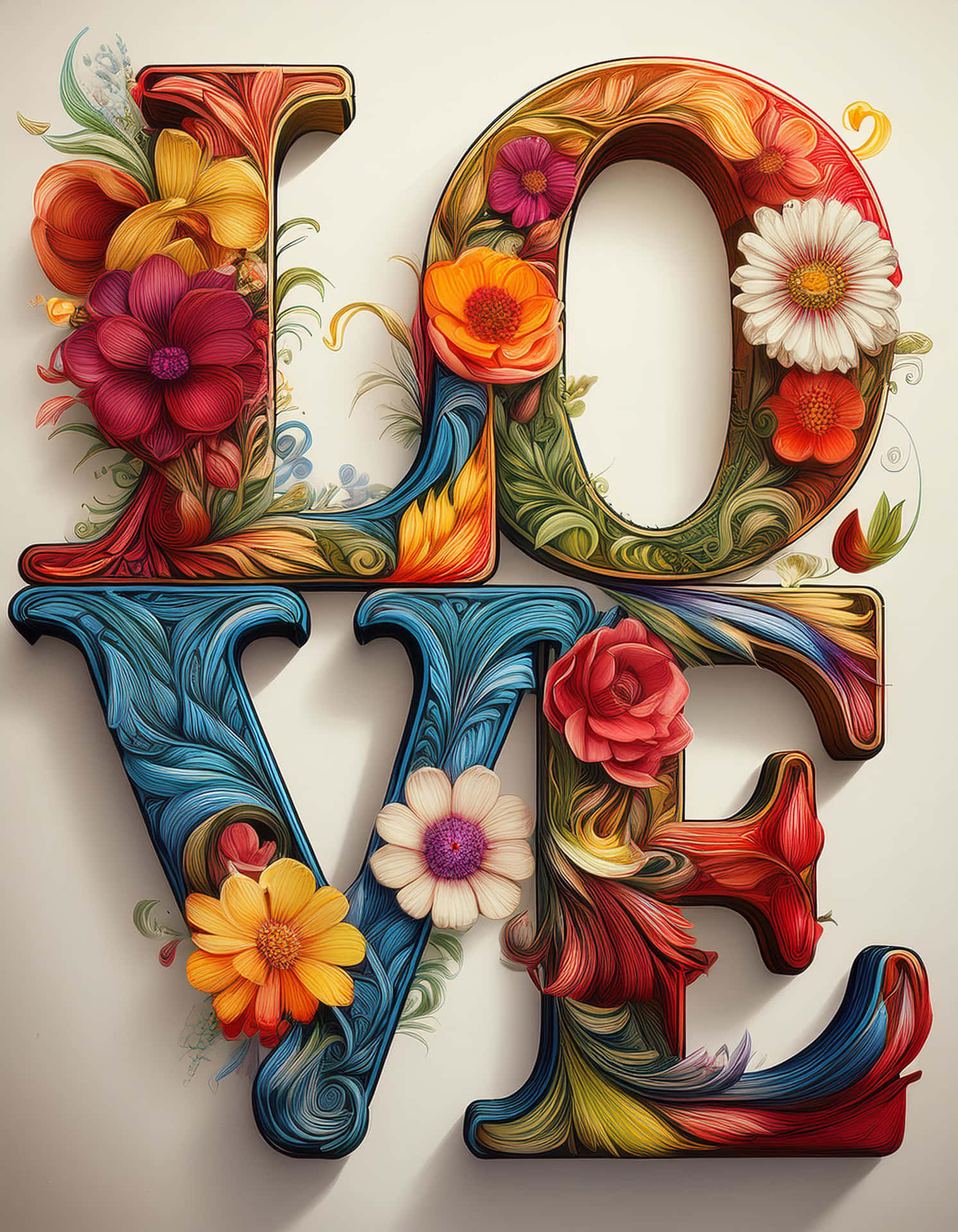 Colorful Love Typography with Flowers 壁紙 — 「LOVE」一詞以粗體3D字母呈現，飾以鮮豔的花朵和旋轉的樹葉，風格豐富多彩且華麗。